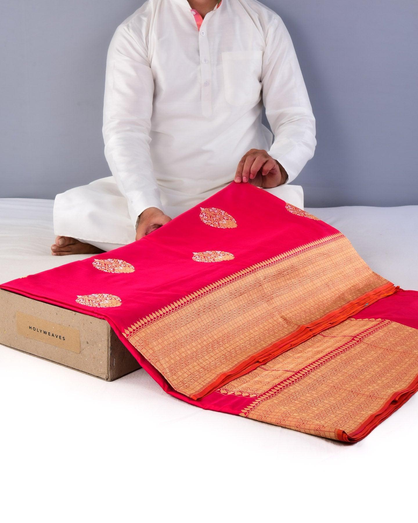 Shot Red Pink Banarasi Alfi Sona Rupa Kadhuan Brocade Handwoven Katan Silk Saree - By HolyWeaves, Benares