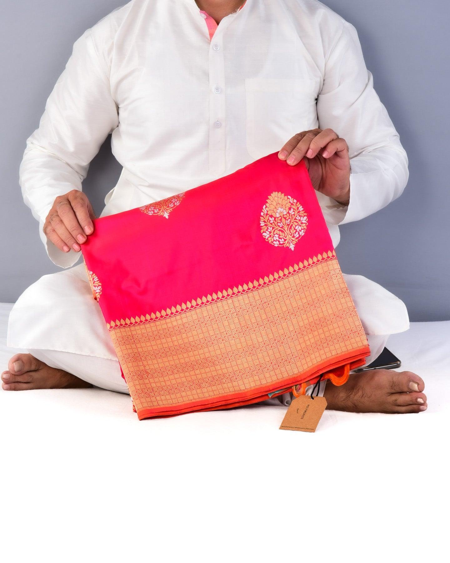 Shot Red Pink Banarasi Alfi Sona Rupa Kadhuan Brocade Handwoven Katan Silk Saree - By HolyWeaves, Benares