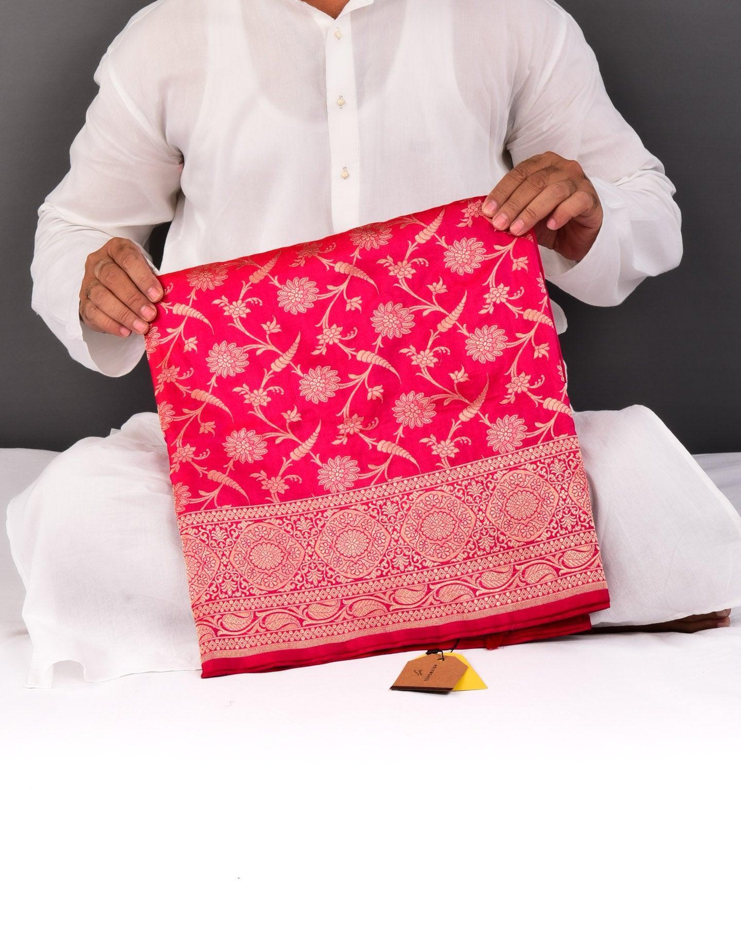 Shot Red-Pink Banarasi Floral Jaal Gold Zari Cutwork Brocade Handwoven Katan Silk Saree - By HolyWeaves, Benares