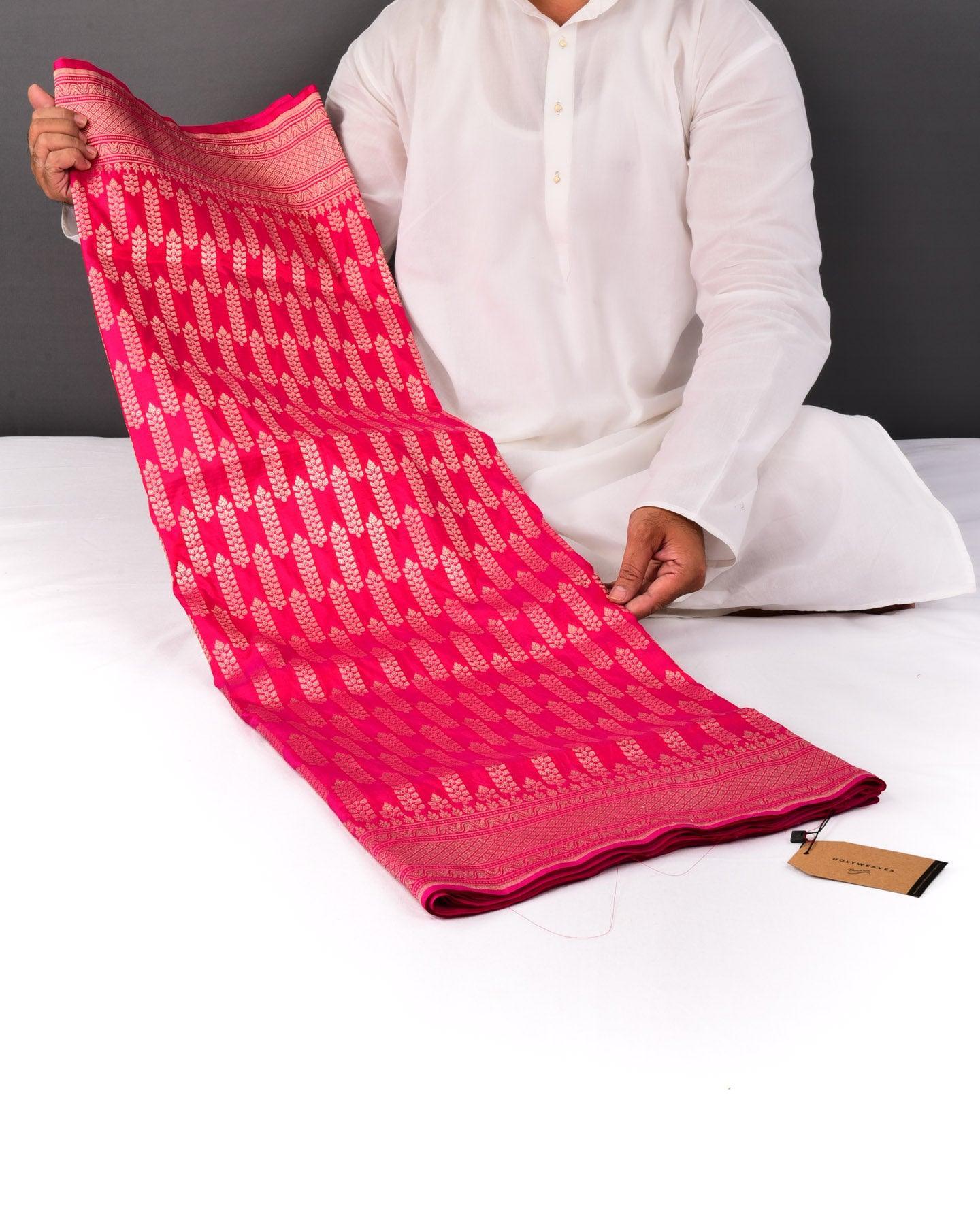 Shot Red-Pink Banarasi Gold Zari Buta Cutwork Brocade Handwoven Katan Silk Saree - By HolyWeaves, Benares