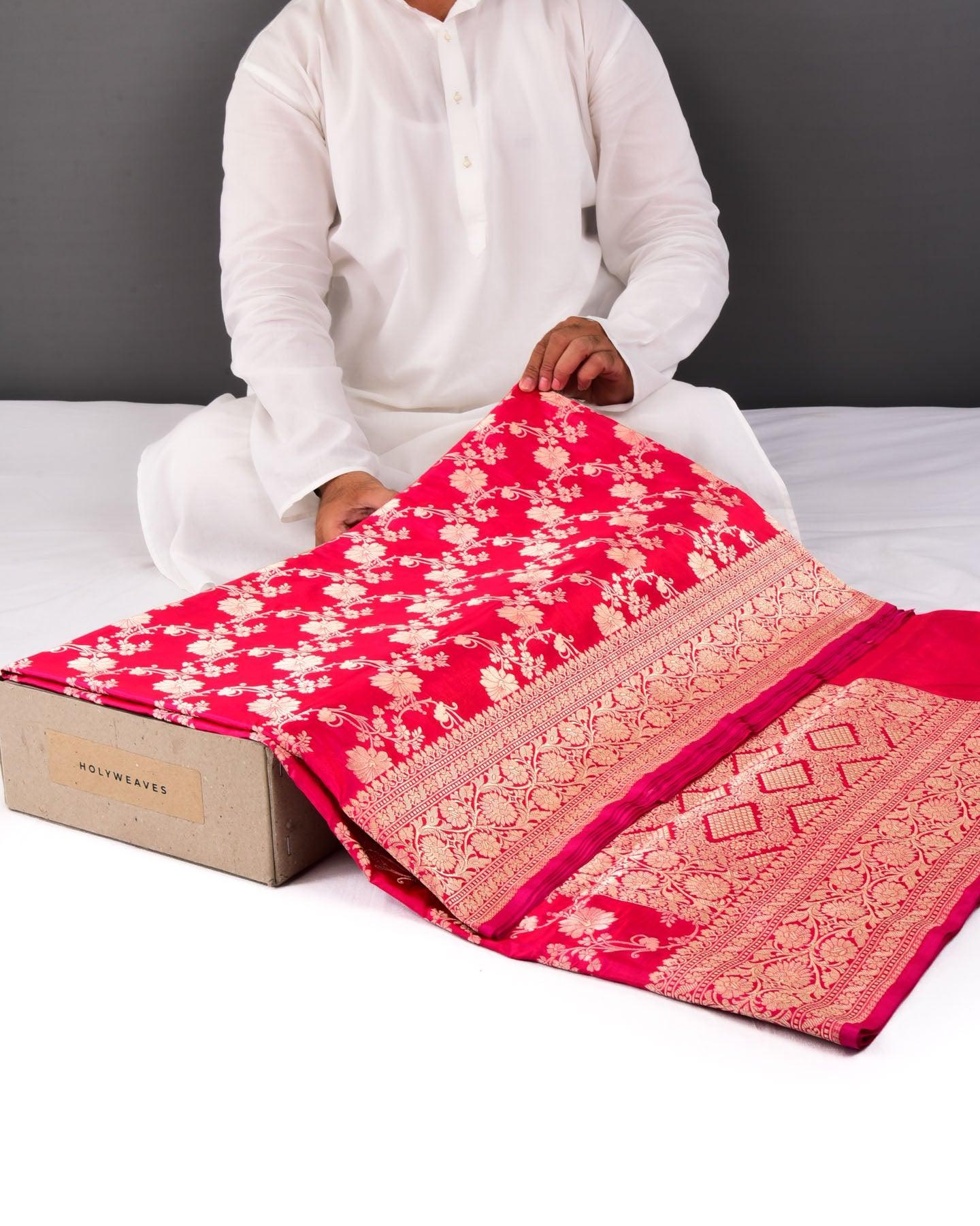 Shot Red-Pink Banarasi Gold Zari Jaal Cutwork Brocade Handwoven Katan Silk Saree - By HolyWeaves, Benares