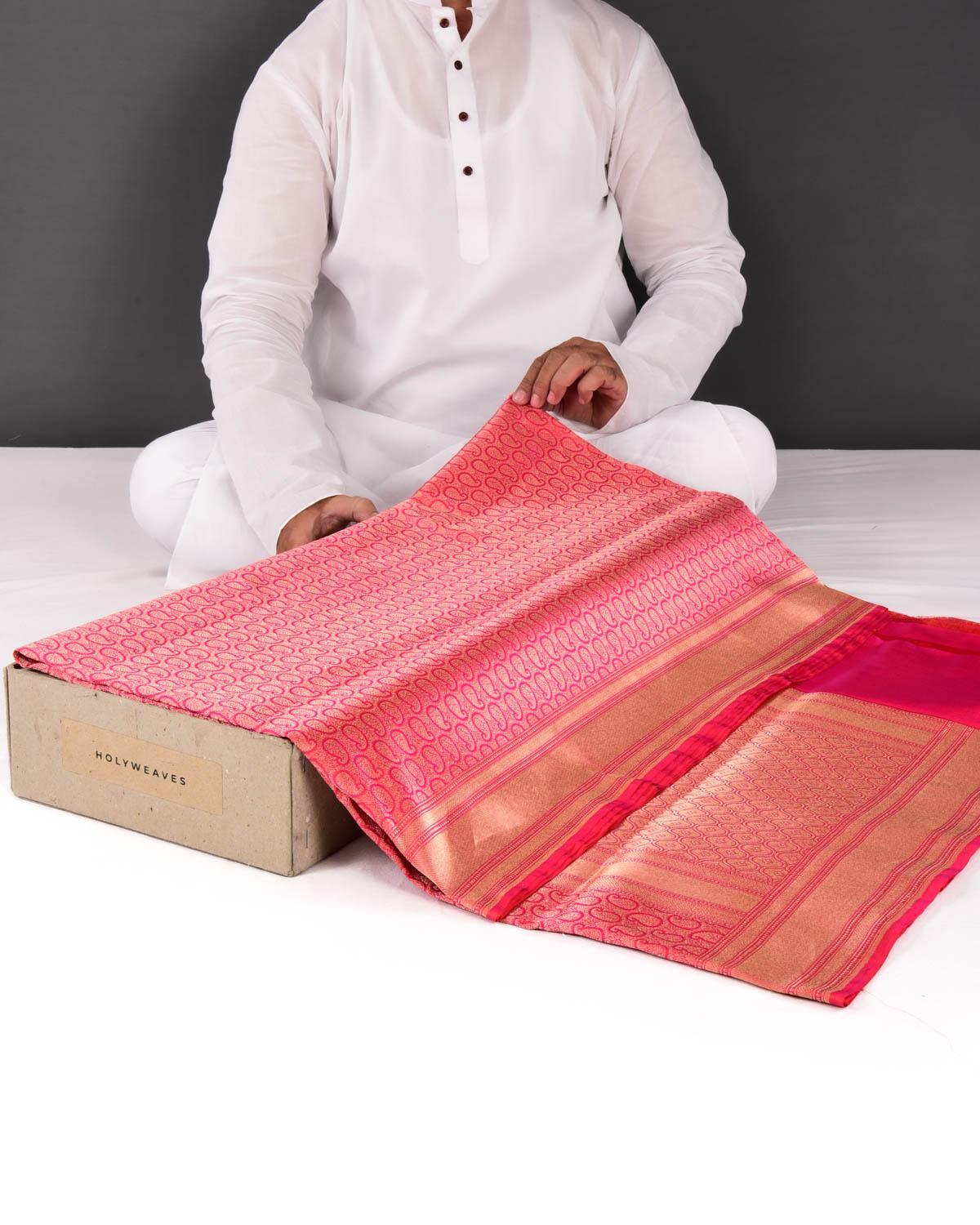 Shot Red Pink Banarasi Paisley Jaal Gold Zari Brocade Handwoven Katan Silk Saree - By HolyWeaves, Benares
