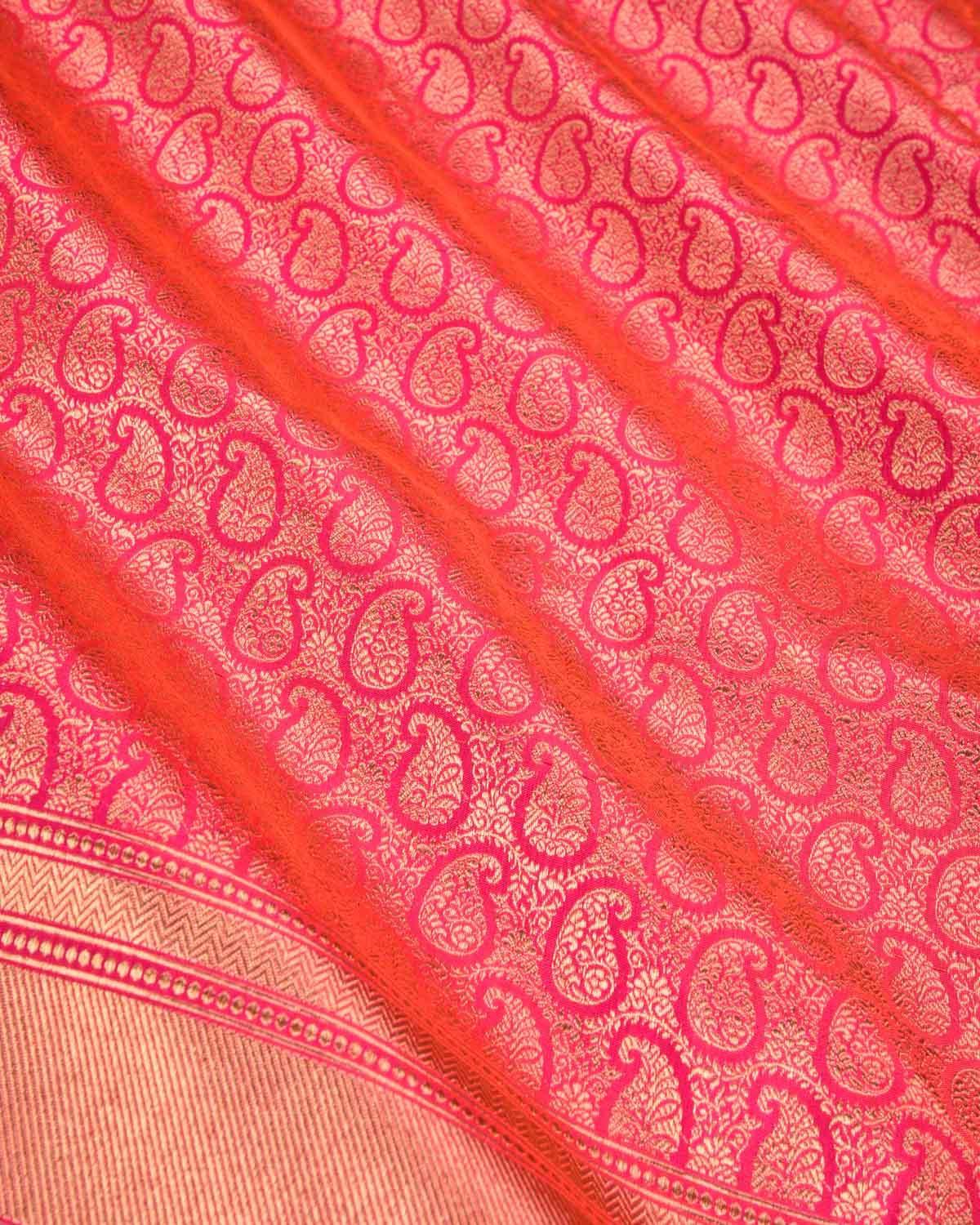 Shot Red Pink Banarasi Paisley Jaal Gold Zari Brocade Handwoven Katan Silk Saree - By HolyWeaves, Benares