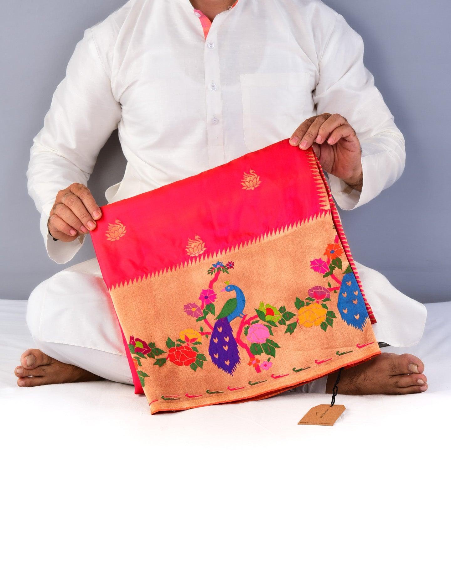 Shot Red Pink Banarasi Paithani Cutwork Brocade Handwoven Katan Silk Saree - By HolyWeaves, Benares
