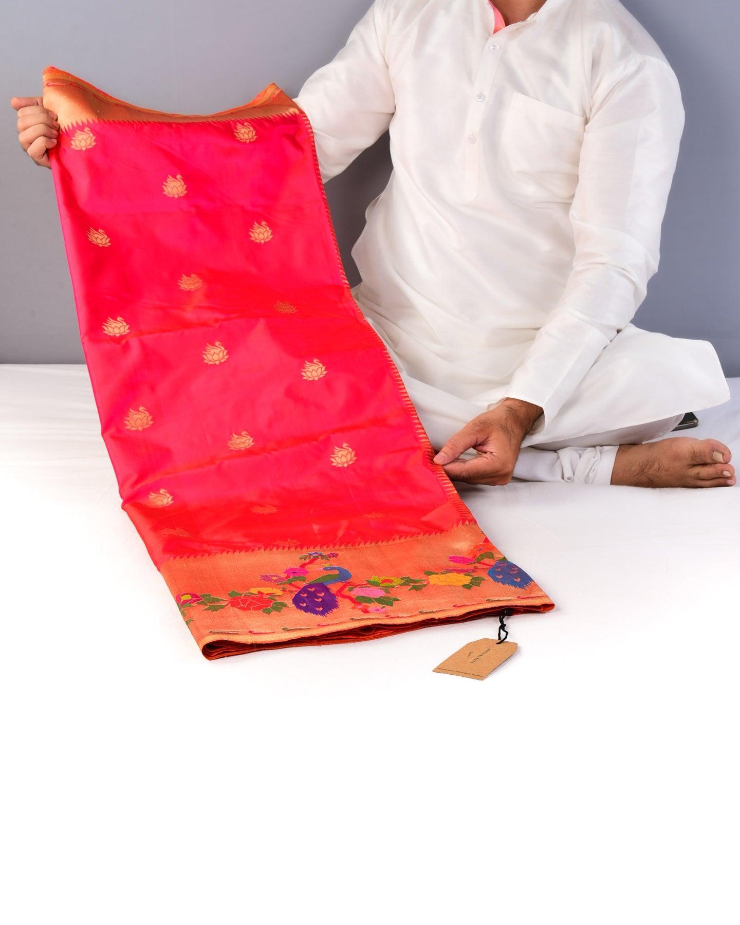 Shot Red Pink Banarasi Paithani Cutwork Brocade Handwoven Katan Silk Saree - By HolyWeaves, Benares