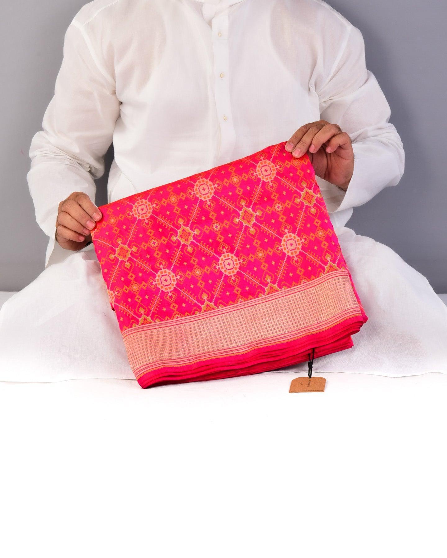 Shot Red Pink Banarasi Resham Patola Tehri Cutwork Brocade Handwoven Katan Silk Saree - By HolyWeaves, Benares