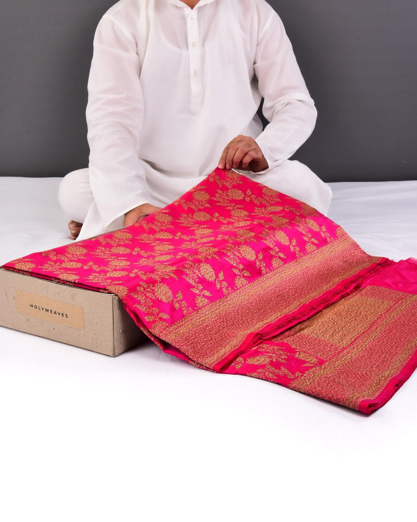 Shot Red Rani Pink Banarasi Antique Zari Jaal Cutwork Brocade Handwoven Katan Silk Saree - By HolyWeaves, Benares