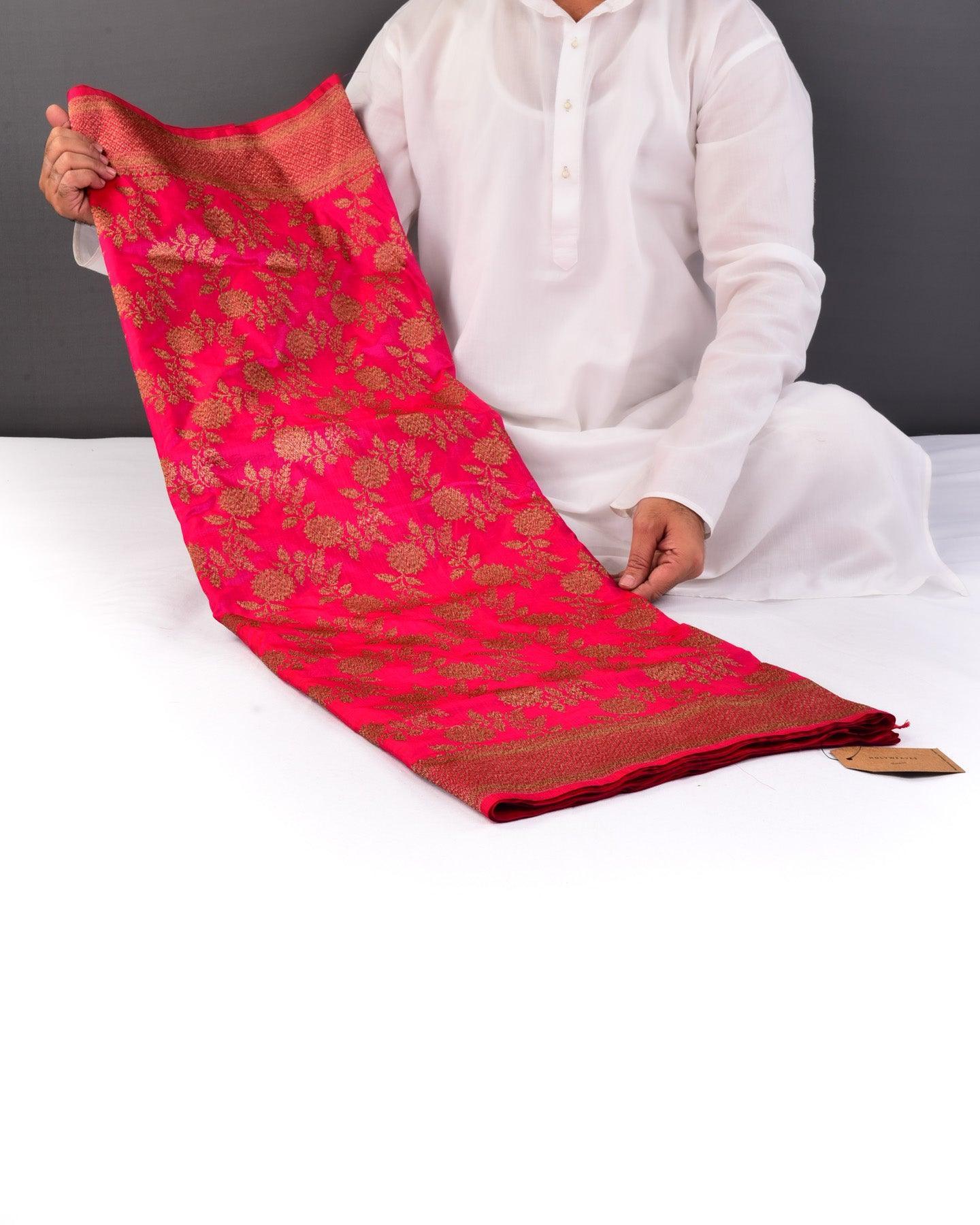 Shot Red Rani Pink Banarasi Antique Zari Jaal Cutwork Brocade Handwoven Katan Silk Saree - By HolyWeaves, Benares