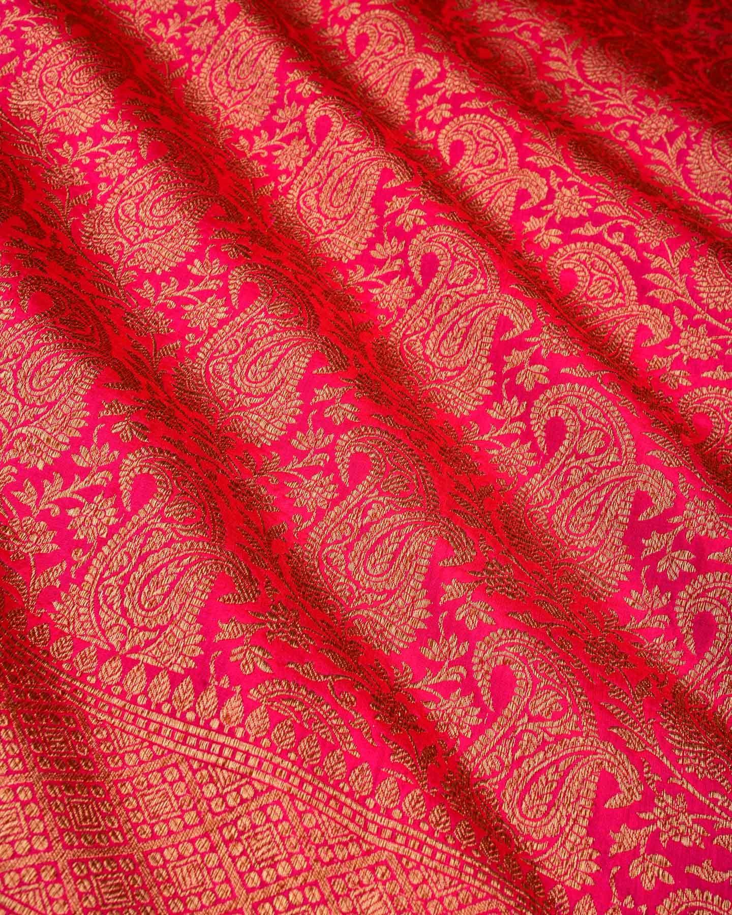 Shot Red Rani Pink Banarasi Antique Zari Paisley Jaal Brocade Woven Katan Silk Saree - By HolyWeaves, Benares