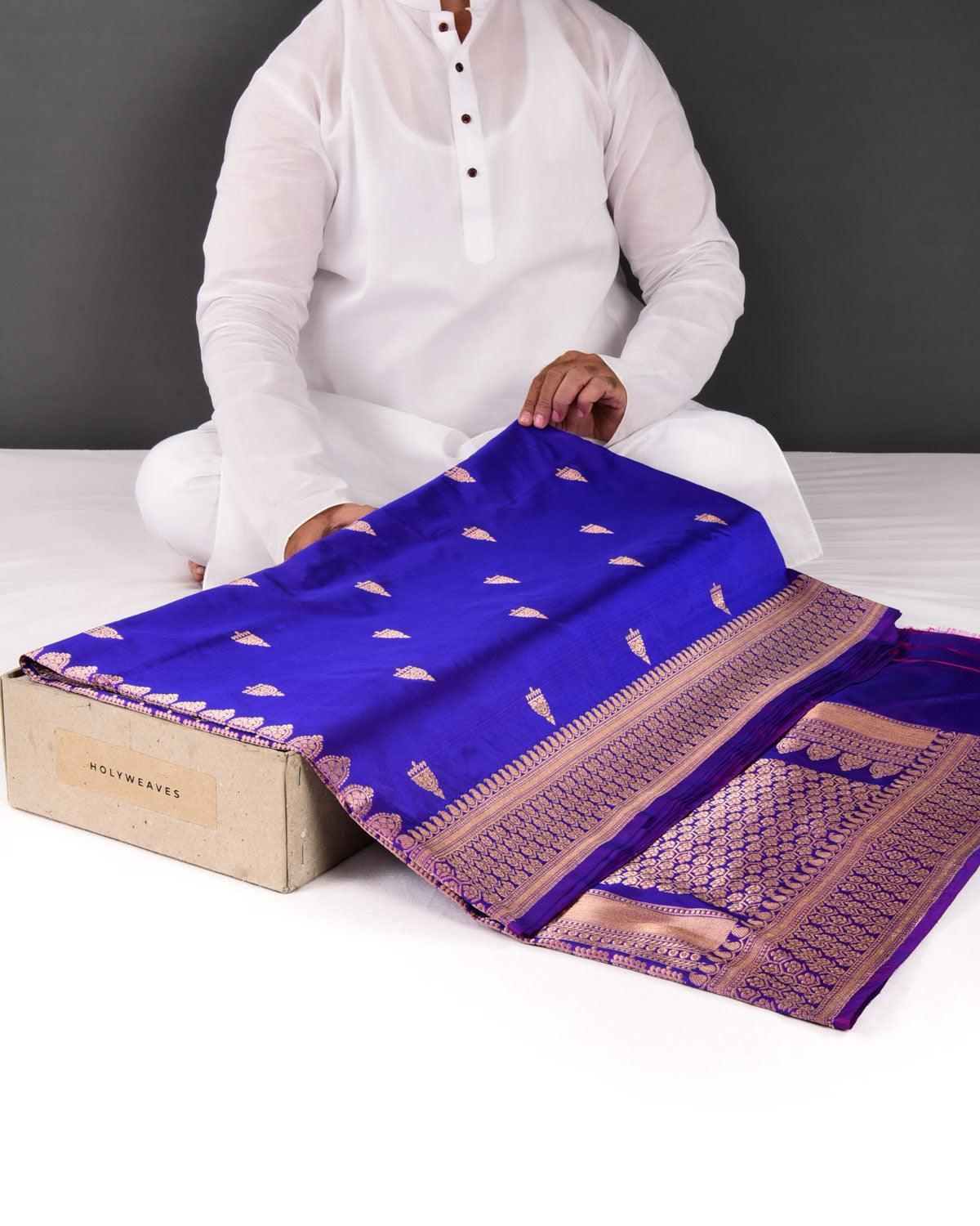 Shot Royal Blue Banarasi Gold Zari Buti Kadhuan Brocade Handwoven Katan Silk Saree - By HolyWeaves, Benares