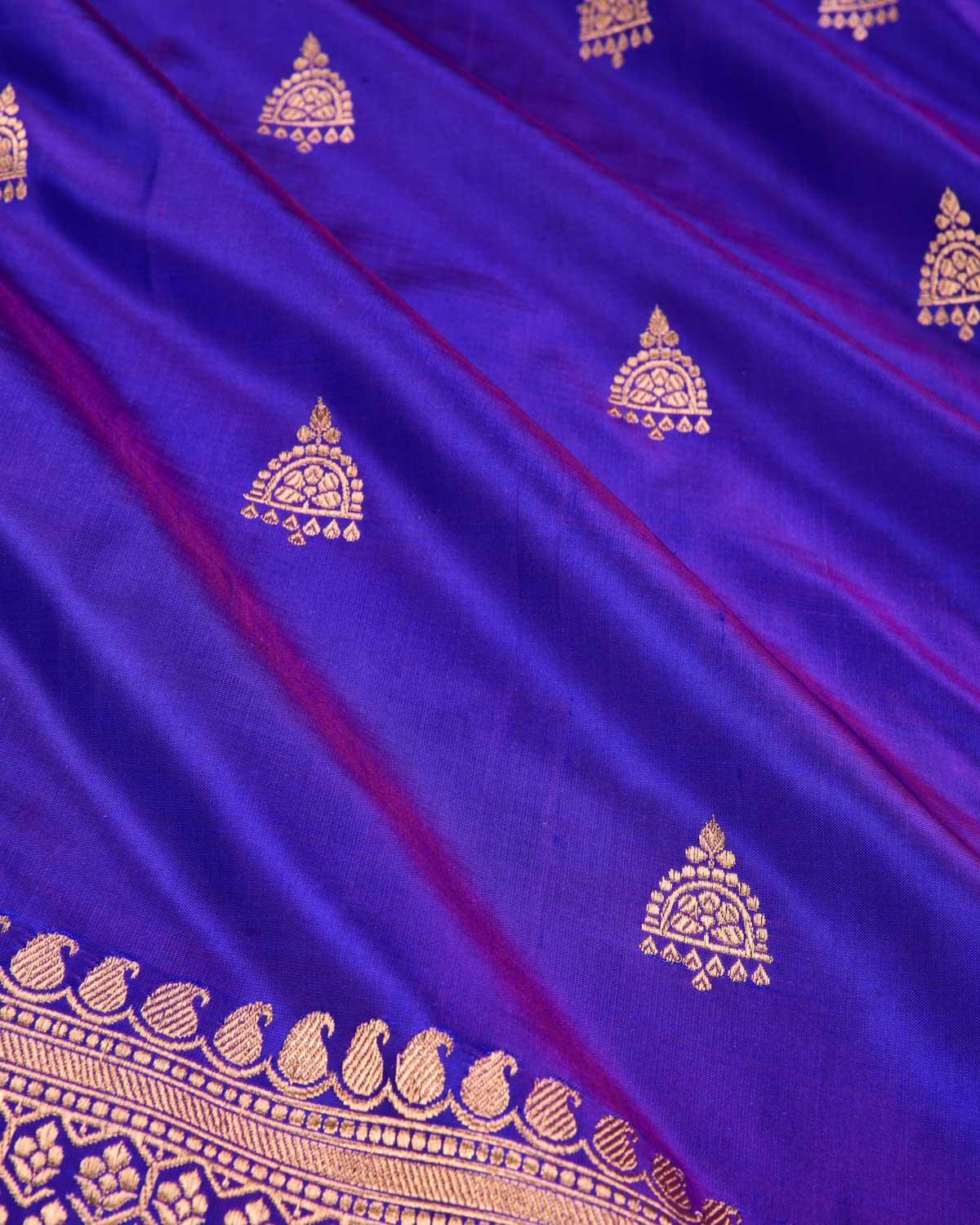 Shot Royal Blue Banarasi Gold Zari Buti Kadhuan Brocade Handwoven Katan Silk Saree - By HolyWeaves, Benares