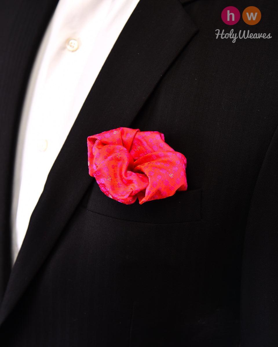 Shot Ruby Pink Tanchoi Brocade Handwoven Pure Silk Pocket Square For Men - By HolyWeaves, Benares