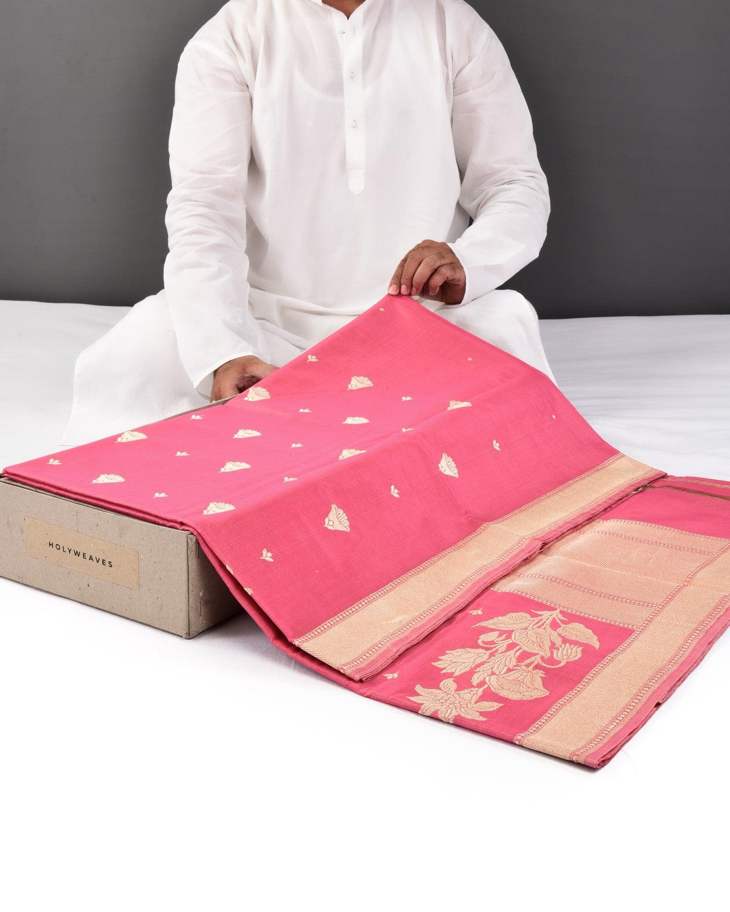 Shot Salmon Pink Banarasi Kadhuan Brocade Handwoven Cotton Silk Saree - By HolyWeaves, Benares