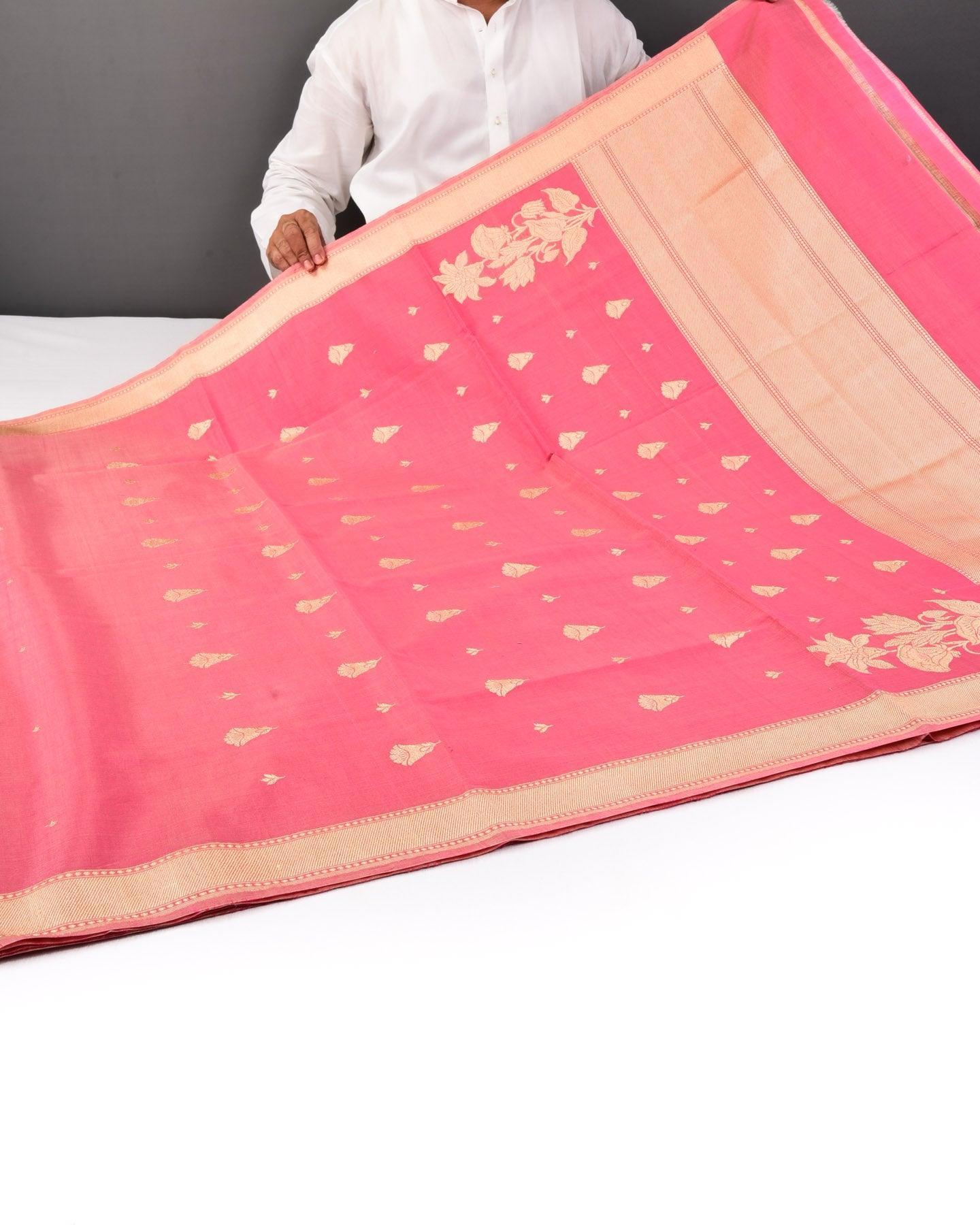 Shot Salmon Pink Banarasi Kadhuan Brocade Handwoven Cotton Silk Saree - By HolyWeaves, Benares