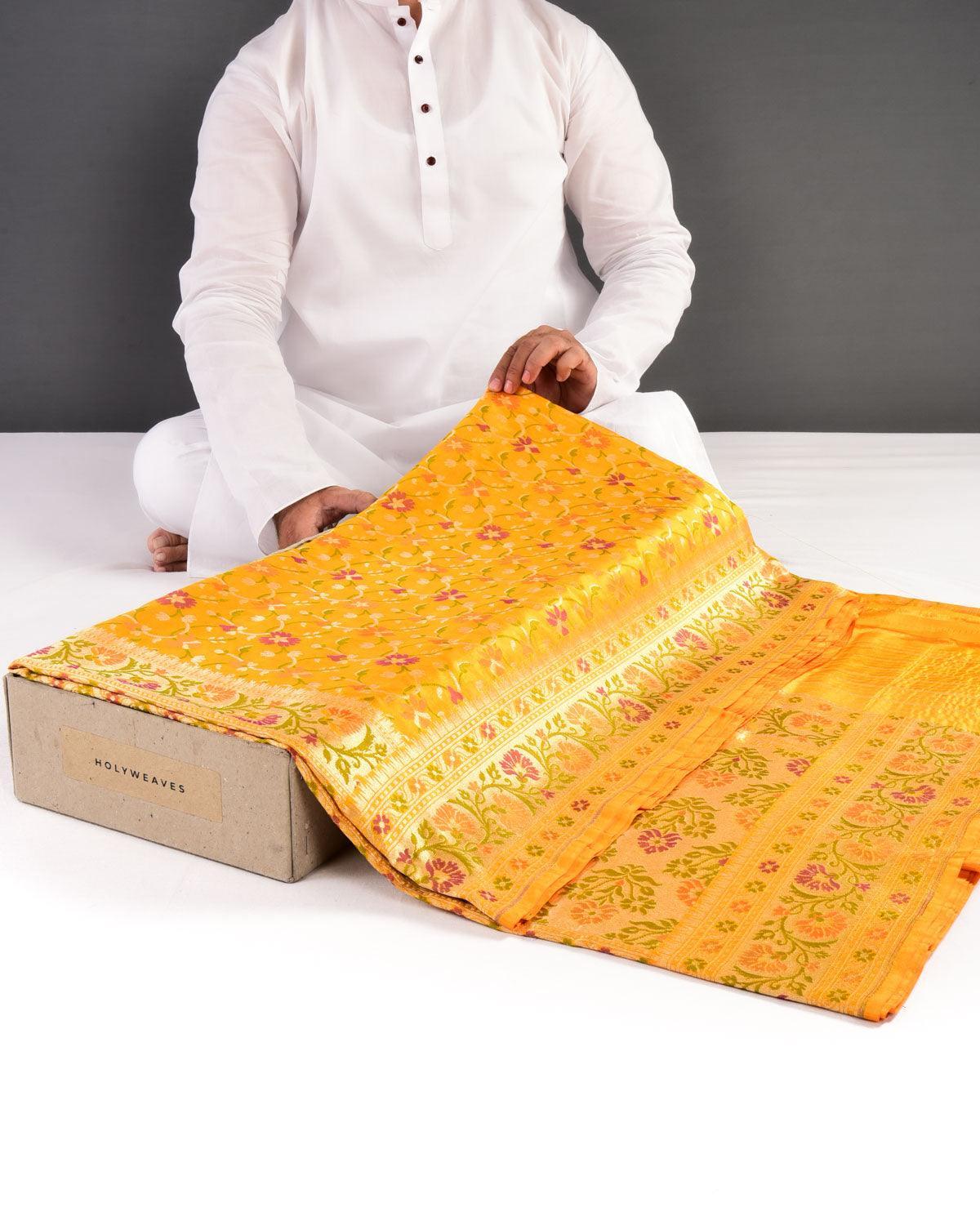 Shot Yellow Banarasi Patola Tehra Meena Cutwork Brocade Handwoven Katan Silk Saree - By HolyWeaves, Benares