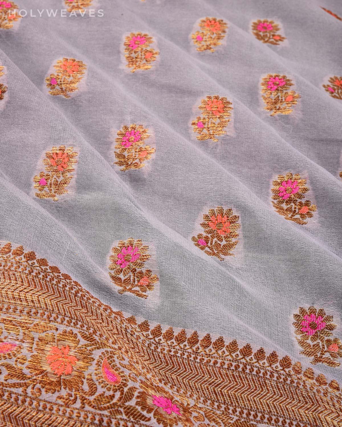 Silver Gray Banarasi Antique Zari Meenedar Cutwork Brocade Woven Khaddi Georgette Saree - By HolyWeaves, Benares