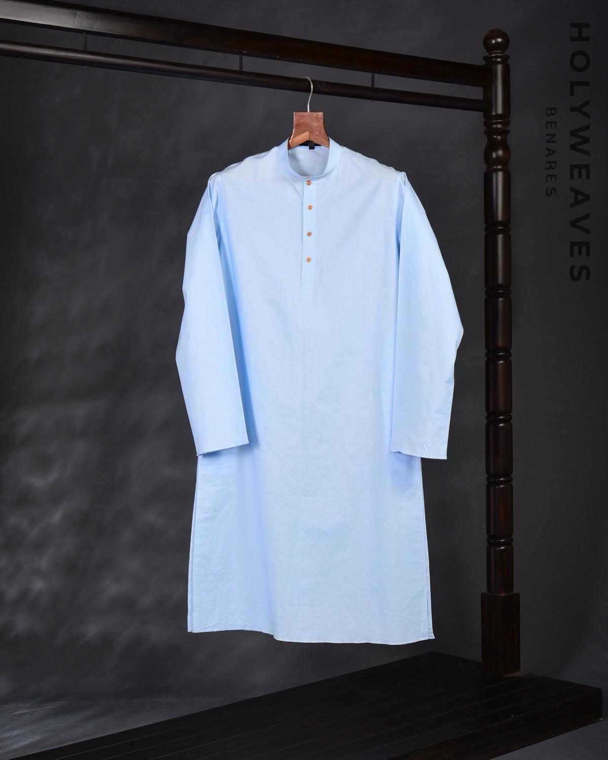 Sky Blue Addhi Cotton Mens Kurta Pyjama with Haath Ki Jaali Shoulder - By HolyWeaves, Benares