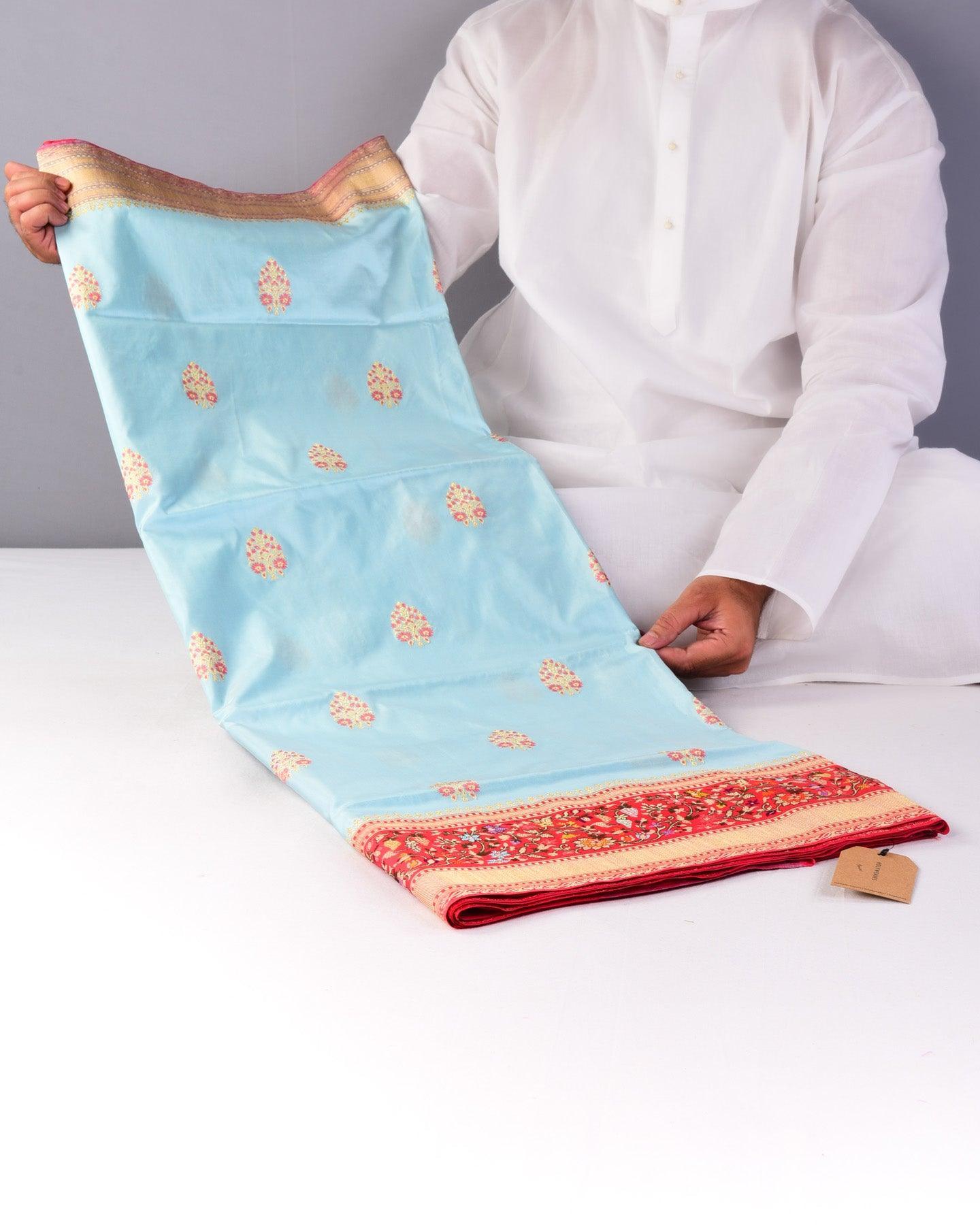 Sky Blue Alfi Buti Kadhuan Brocade Handwoven Katan Silk Saree with Meenekari Border Pallu - By HolyWeaves, Benares