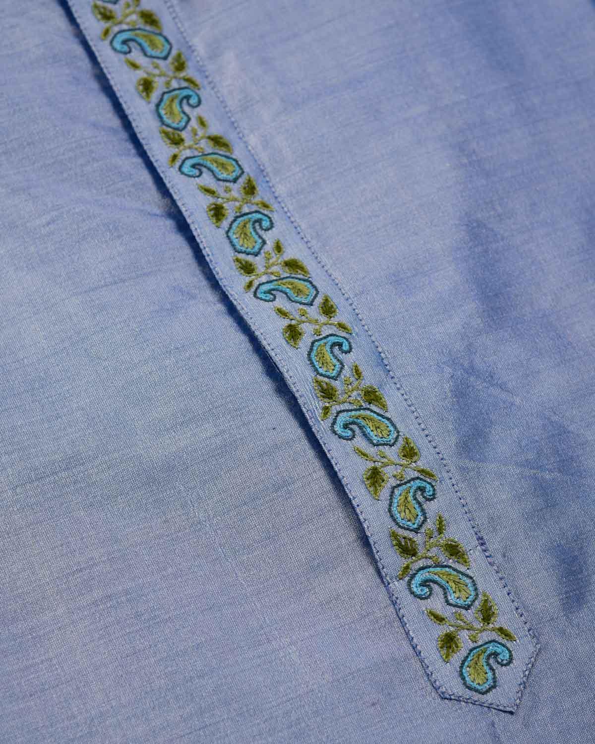 Sky Blue Banarasi Hand Embroidered Spun Silk Mens Kurta Pyjama - By HolyWeaves, Benares