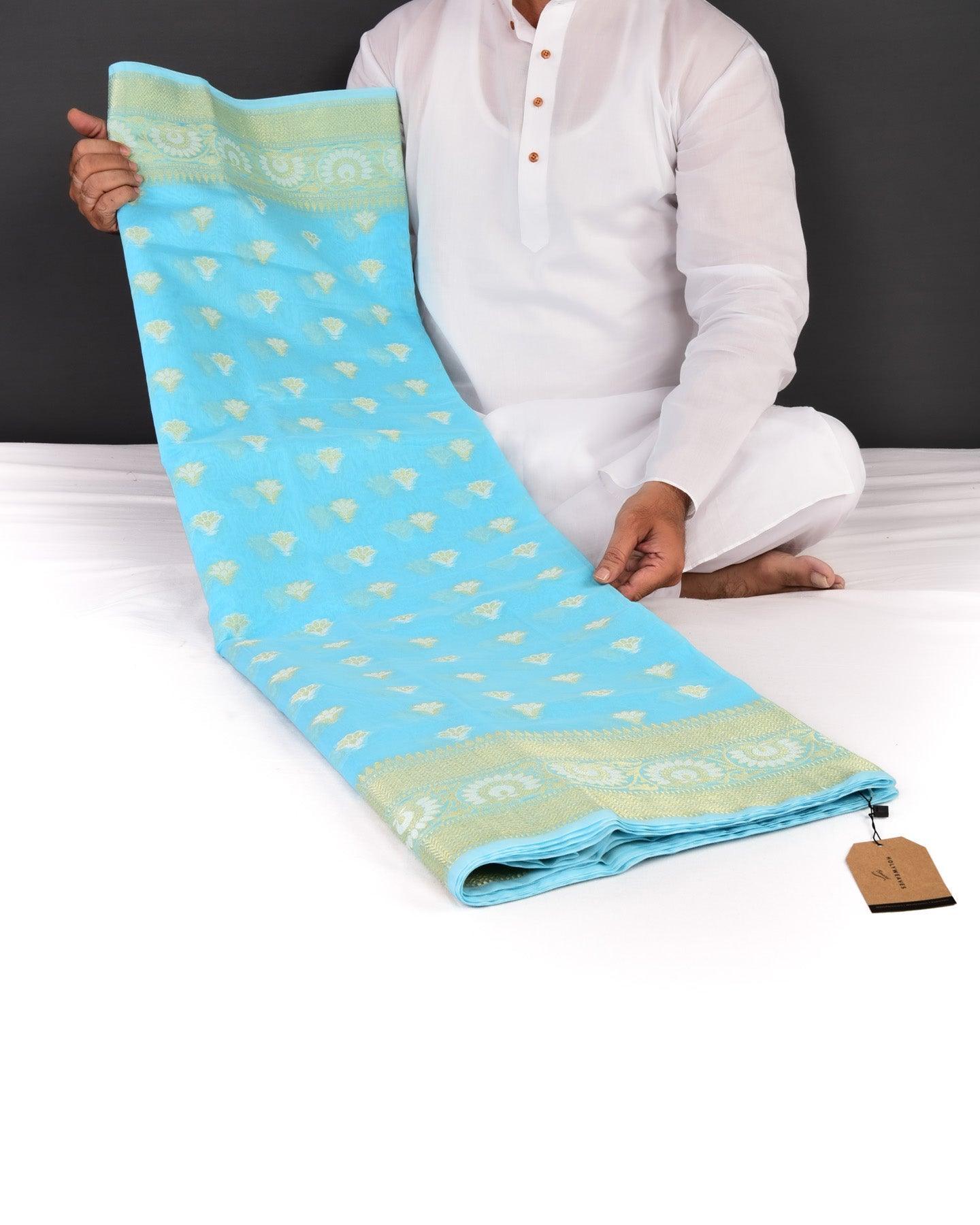 Sky Blue Banarasi Sona Rupa Zari Cutwork Brocade Woven Cotton Silk Saree - By HolyWeaves, Benares