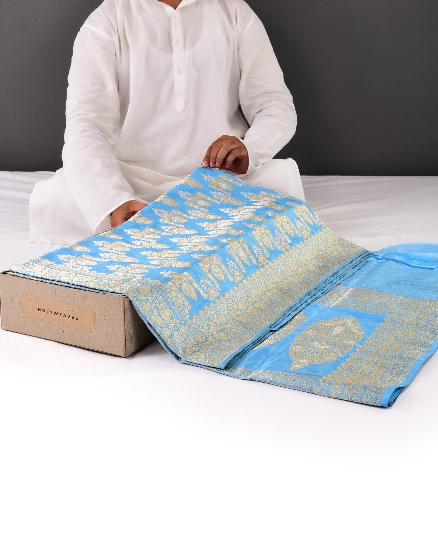 Sky Blue Banarasi Sona-Rupa Zari Jaal Kadhuan Brocade Handwoven Katan Silk Saree - By HolyWeaves, Benares