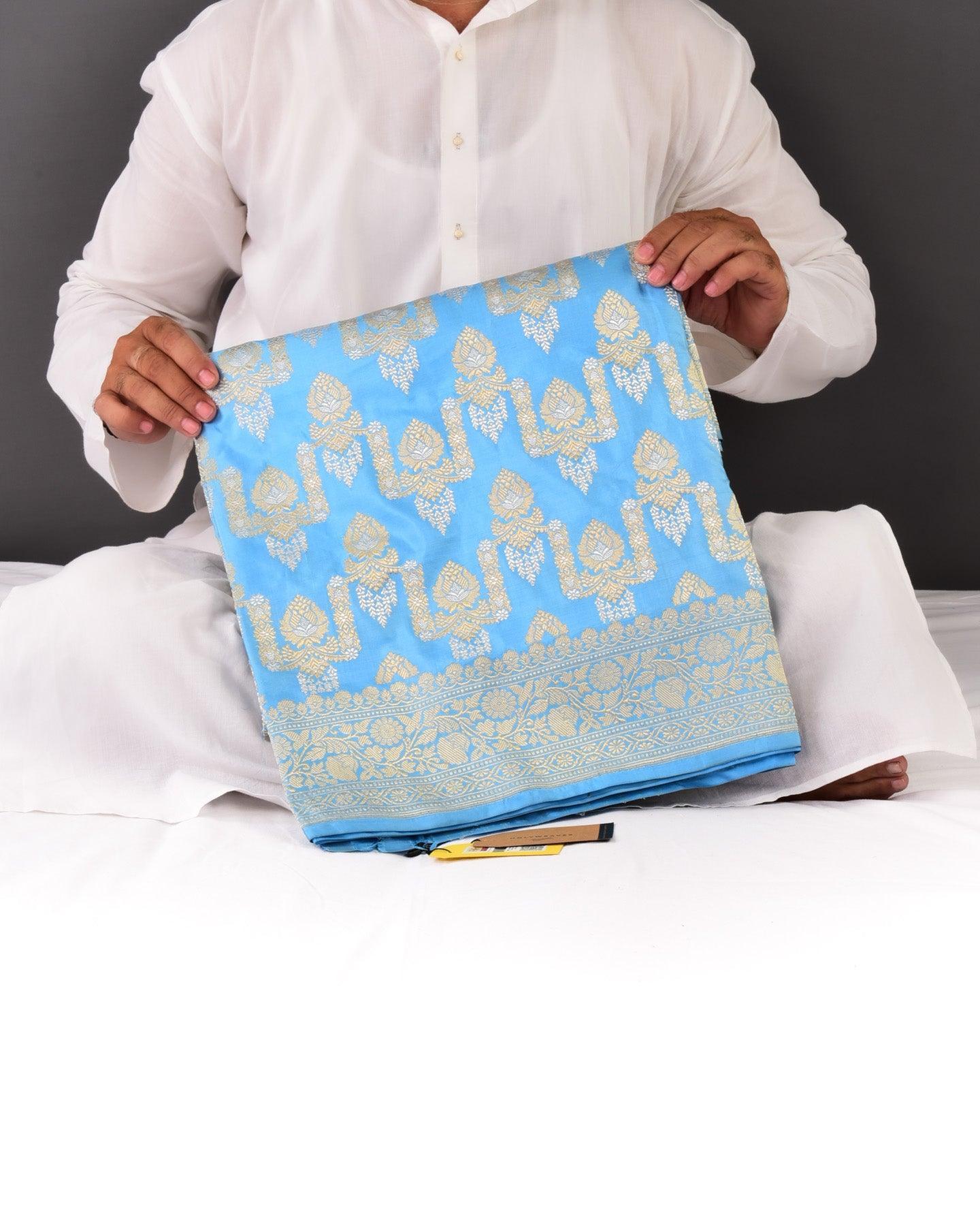 Sky Blue Banarasi Sona-Rupa Zari Jaal Kadhuan Brocade Handwoven Katan Silk Saree - By HolyWeaves, Benares