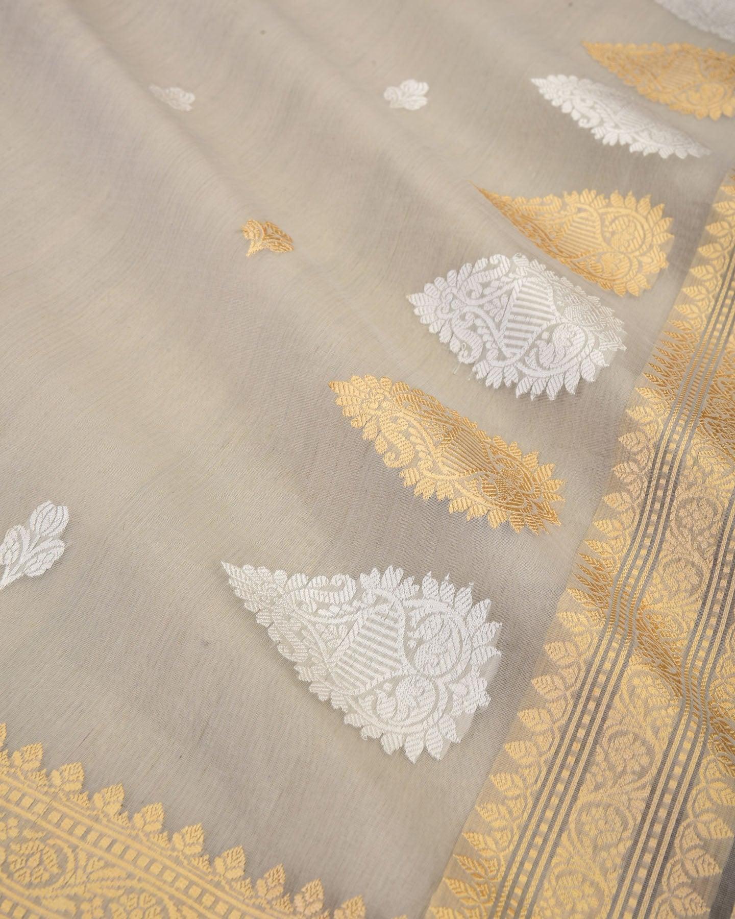 Stone Gray Banarasi Gold & Silver Buti Kadhuan Brocade Handwoven Cotton Silk Saree - By HolyWeaves, Benares