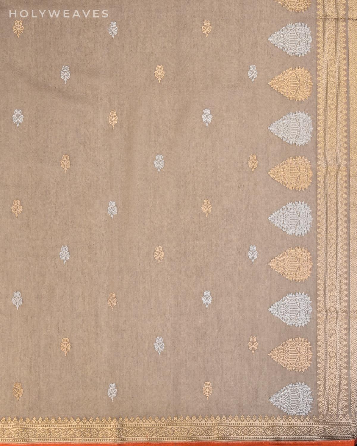 Stone Gray Banarasi Gold & Silver Buti Kadhuan Brocade Handwoven Cotton Silk Saree - By HolyWeaves, Benares