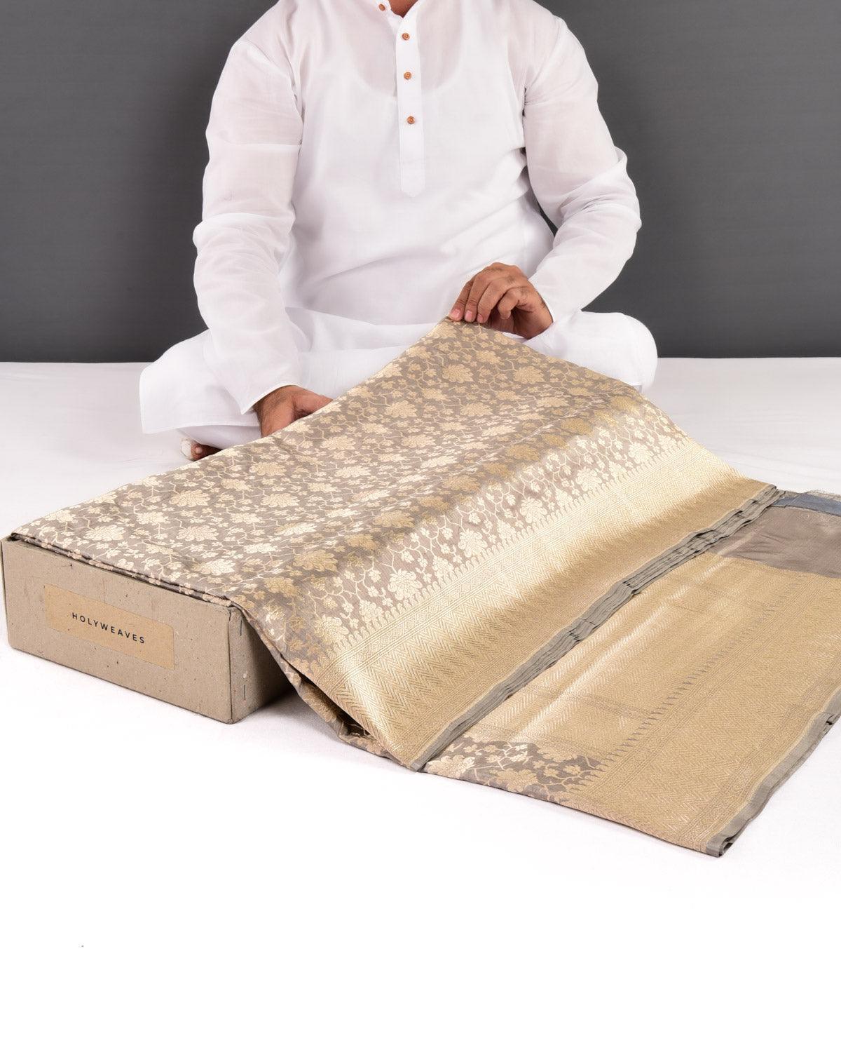 Stone Gray Banarasi Maheen Jaal Gold Zari Cutwork Brocade Handwoven Katan Silk Saree - By HolyWeaves, Benares