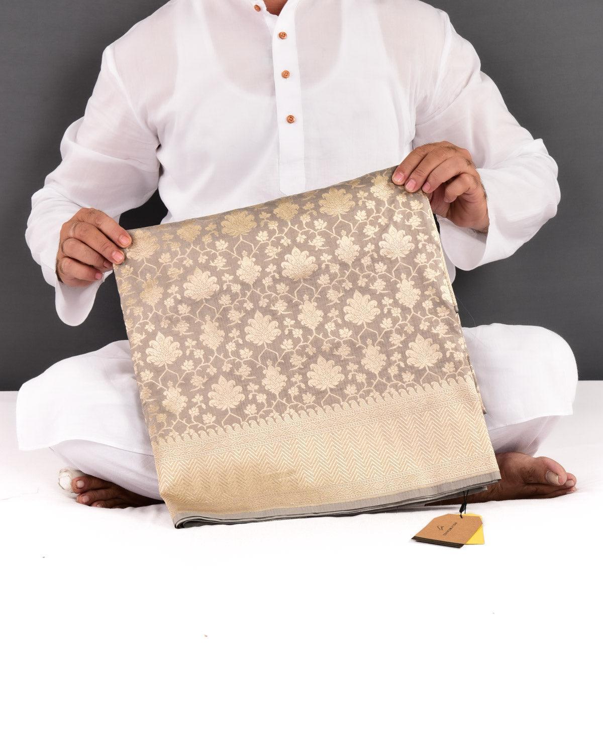 Stone Gray Banarasi Maheen Jaal Gold Zari Cutwork Brocade Handwoven Katan Silk Saree - By HolyWeaves, Benares
