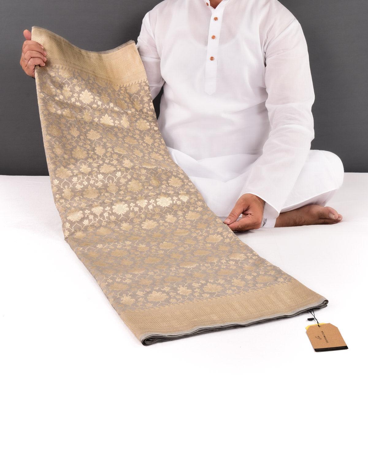 Stone Gray Banarasi Maheen Jaal Gold Zari Cutwork Brocade Handwoven Katan Silk Saree - By HolyWeaves, Benares