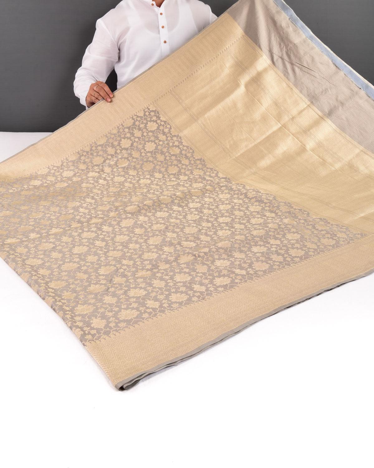 Stone Gray Banarasi Maheen Jaal Gold Zari Cutwork Brocade Handwoven Katan Silk Saree - By HolyWeaves, Benares