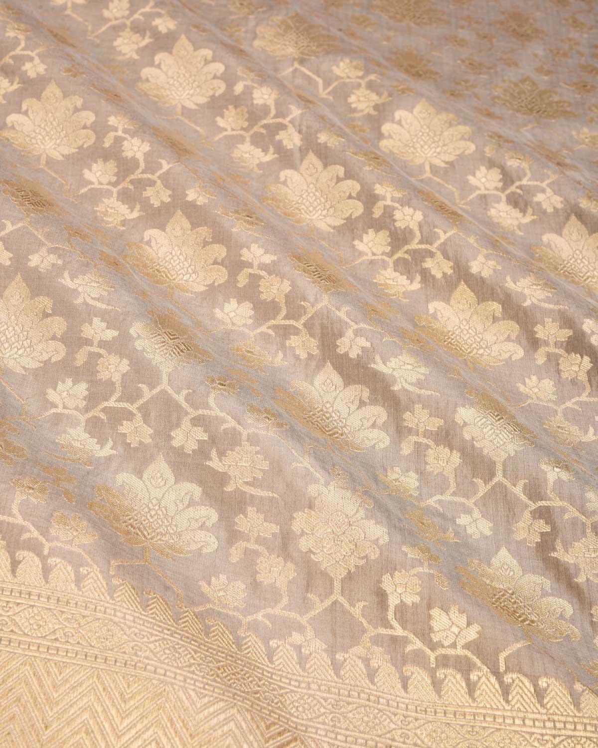Stone Gray Banarasi Maheen Jaal Gold Zari Cutwork Brocade Handwoven Katan Silk Saree - By HolyWeaves, Benares