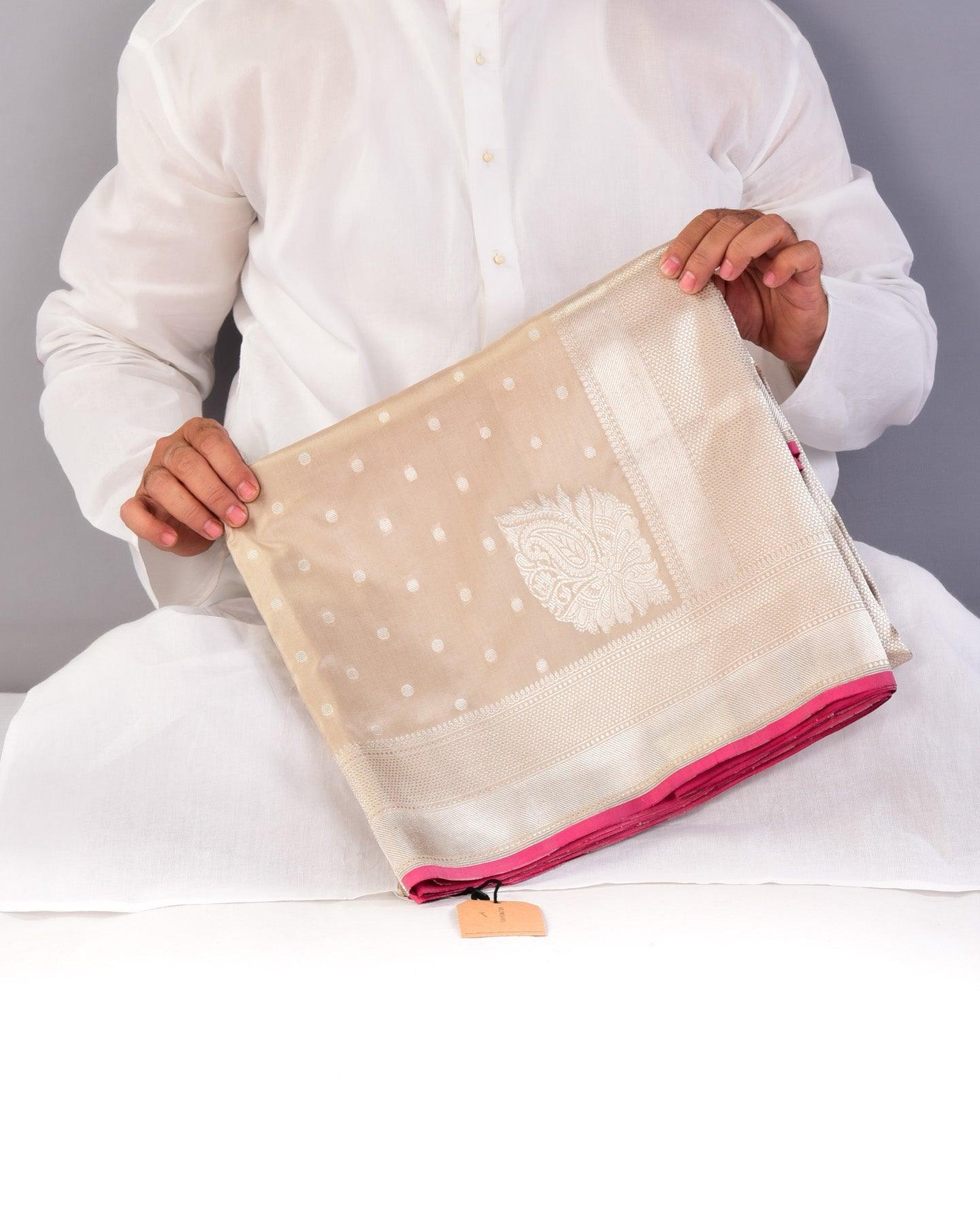 Stone Gray Banarasi Silver Polka Buti Cutwork Brocade Handwoven Katan Silk Saree with Koniya Kairi Buta - By HolyWeaves, Benares