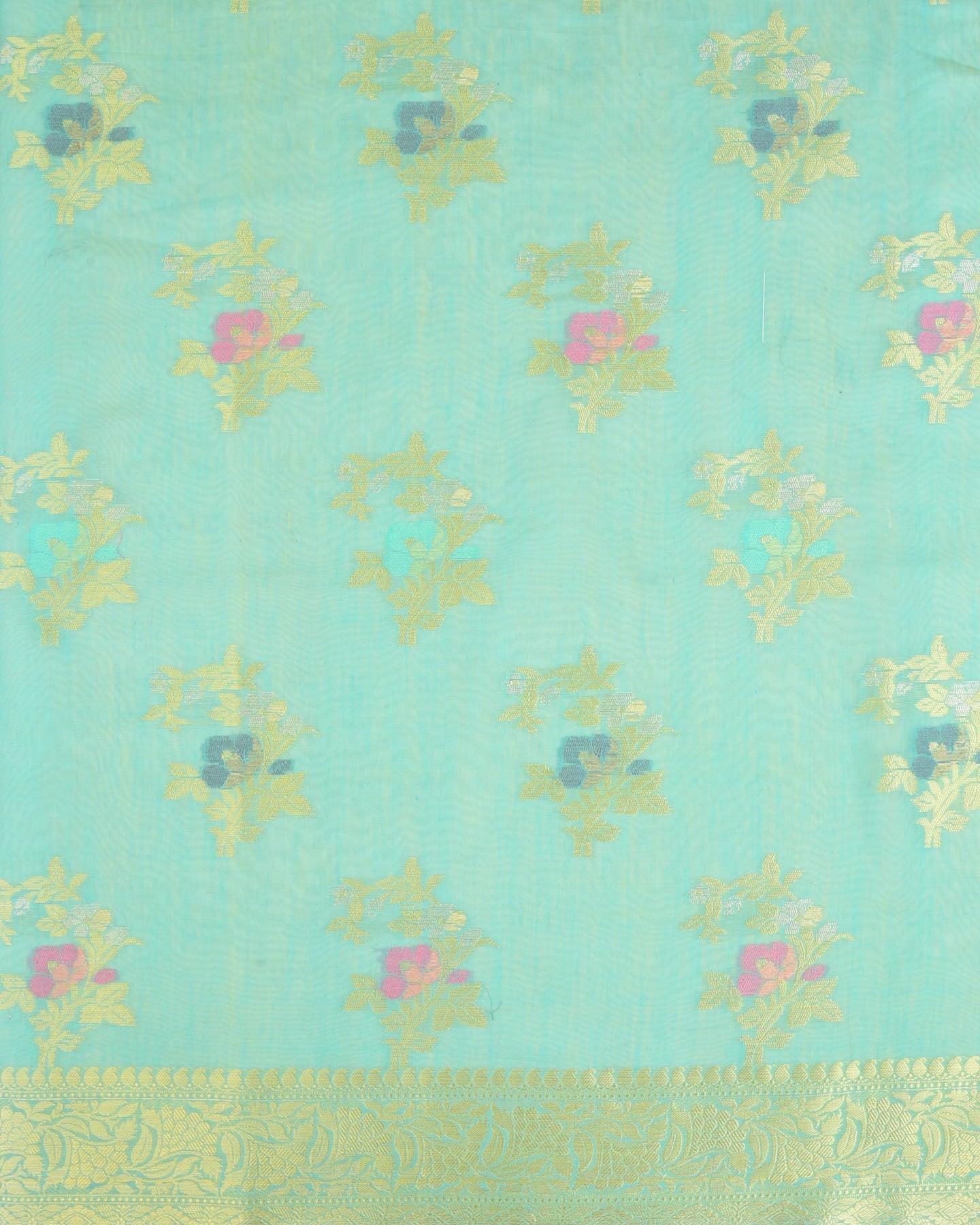Sunny Blue Banarasi Gold Silver and Color Resham Buta Cutwork Brocade Woven Cotton Silk Saree - By HolyWeaves, Benares