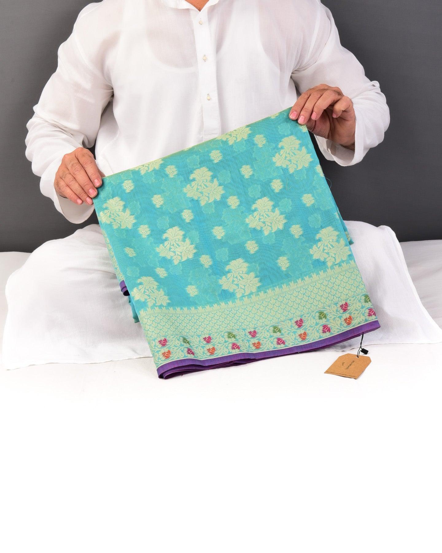 Sunny Blue Banarasi Resham Buta Cutwork Brocade Woven Cotton Silk Saree - By HolyWeaves, Benares