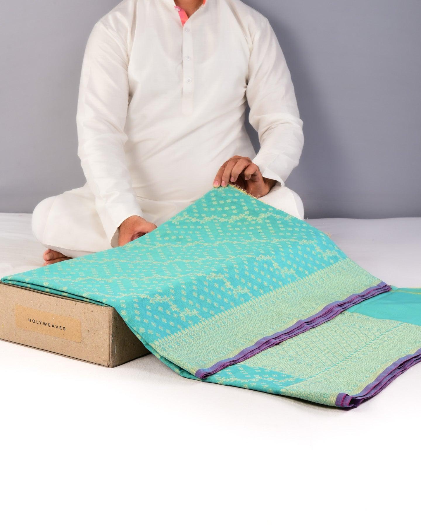 Sunny Blue Banarasi Resham Leheriya Buti Cutwork Brocade Woven Cotton Silk Saree - By HolyWeaves, Benares