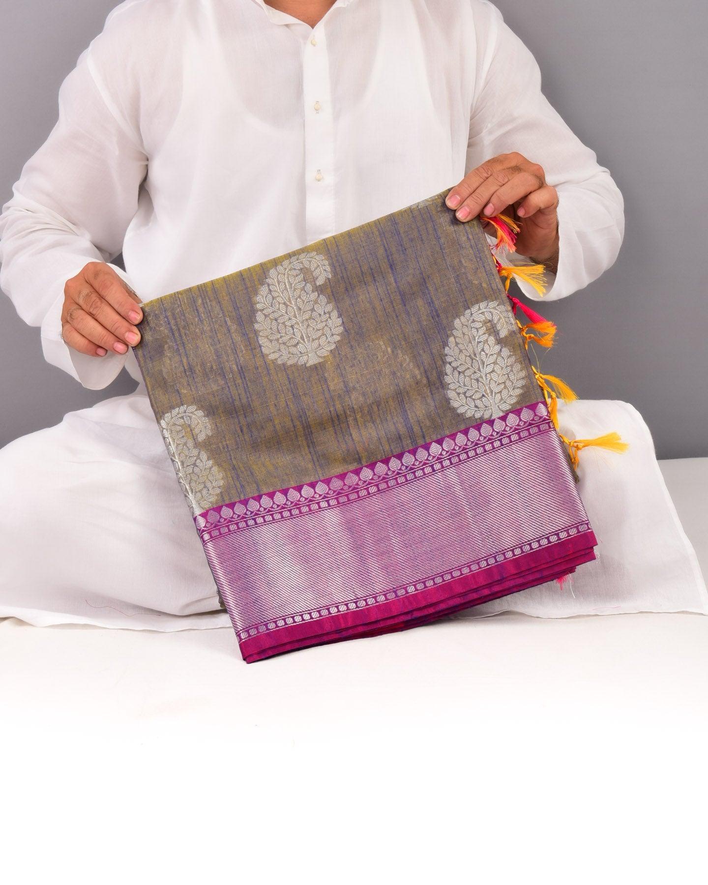 Sunny Blue Banarasi Silver Paisley Buta Cutwork Brocade Woven Art Cotton Silk Saree - By HolyWeaves, Benares