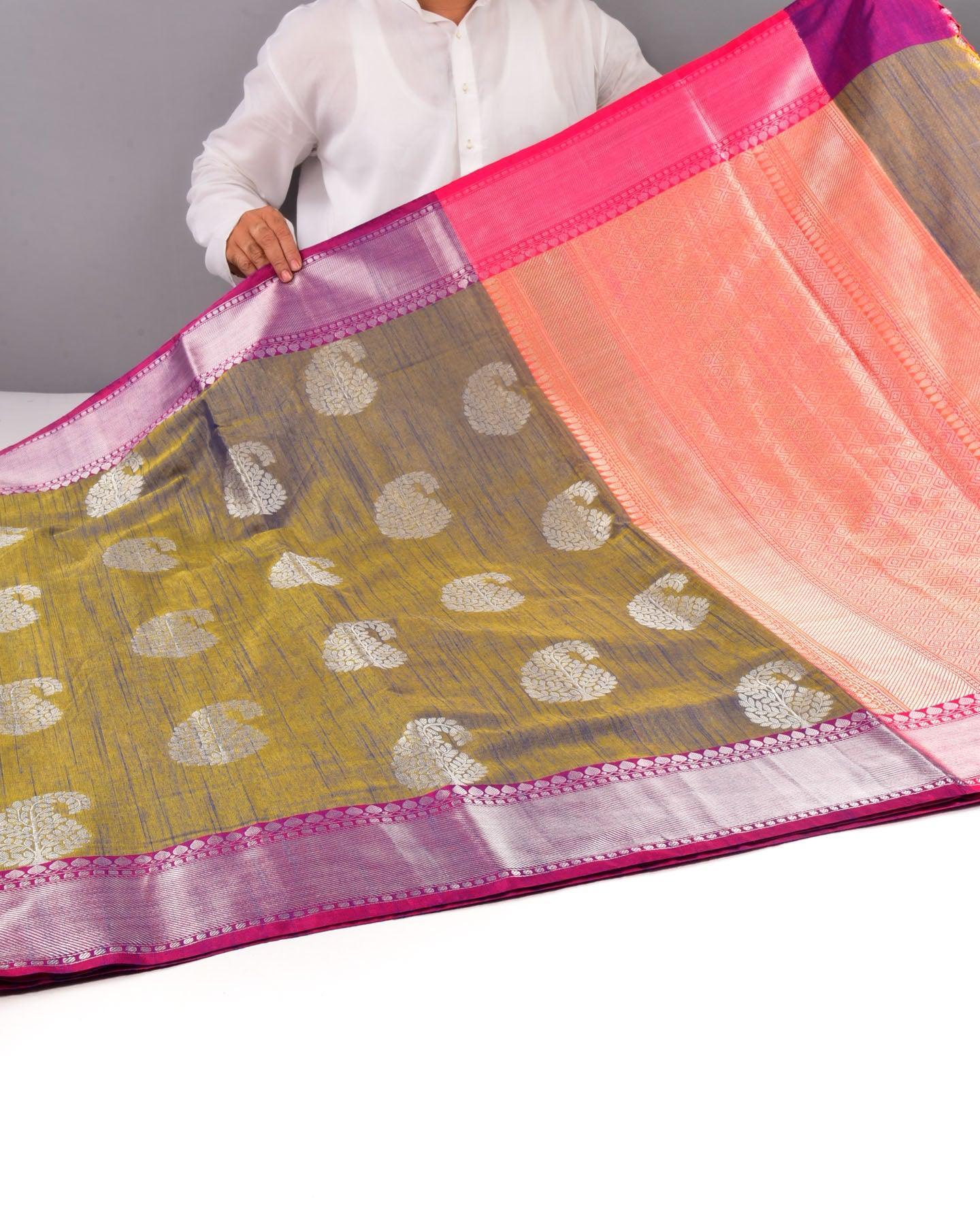 Sunny Blue Banarasi Silver Paisley Buta Cutwork Brocade Woven Art Cotton Silk Saree - By HolyWeaves, Benares