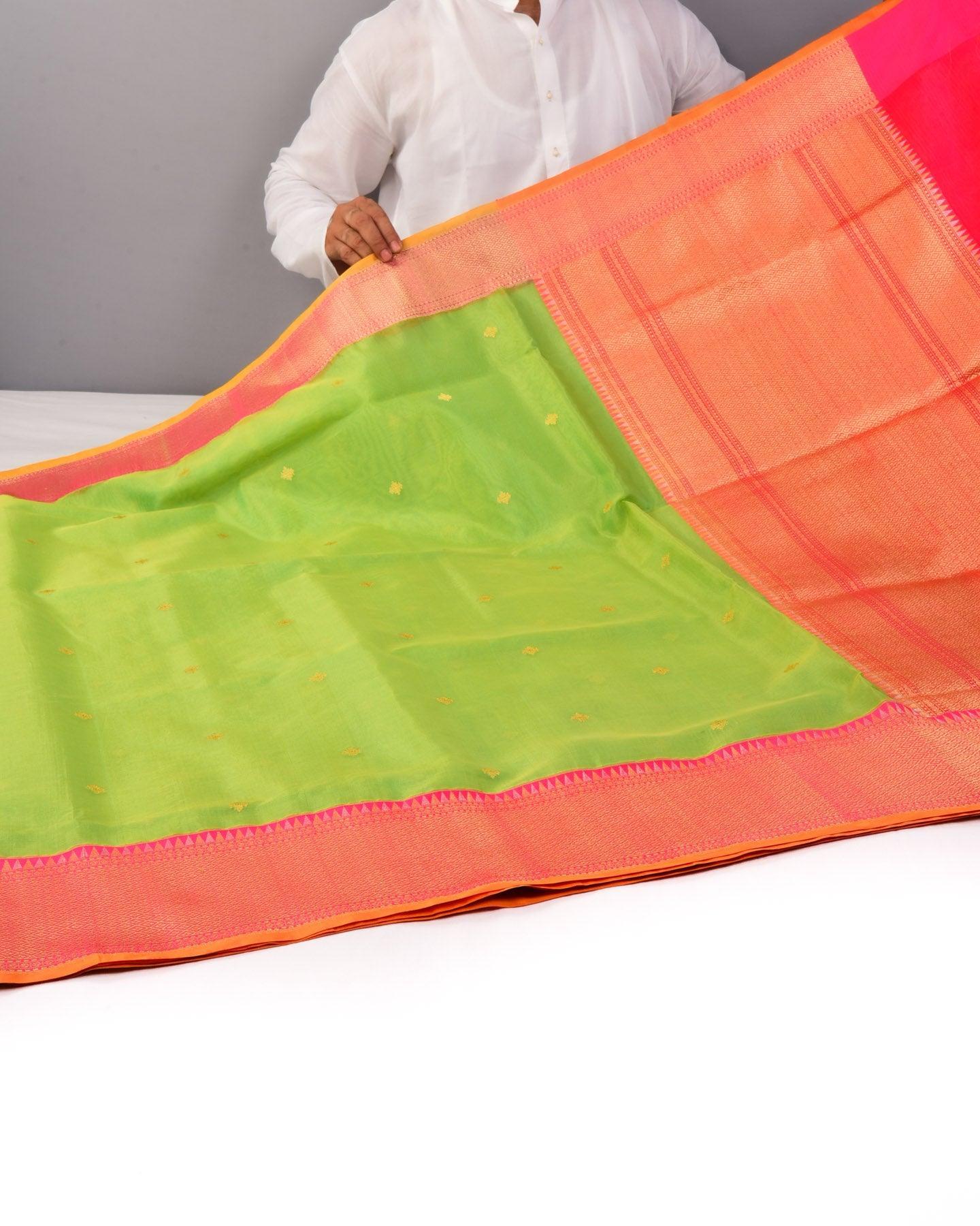 Sunny Green Banarasi Kadhuan Brocade Handwoven Kora Silk Saree with Contrast Brocade Blouse - By HolyWeaves, Benares