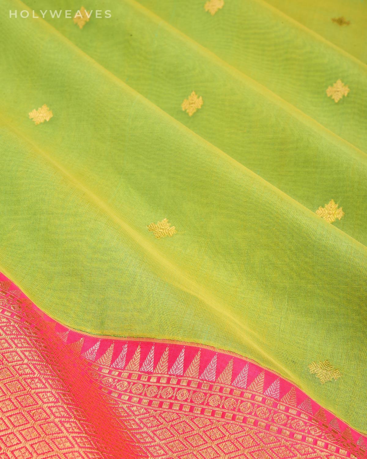 Sunny Green Banarasi Kadhuan Brocade Handwoven Kora Silk Saree with Contrast Brocade Blouse - By HolyWeaves, Benares