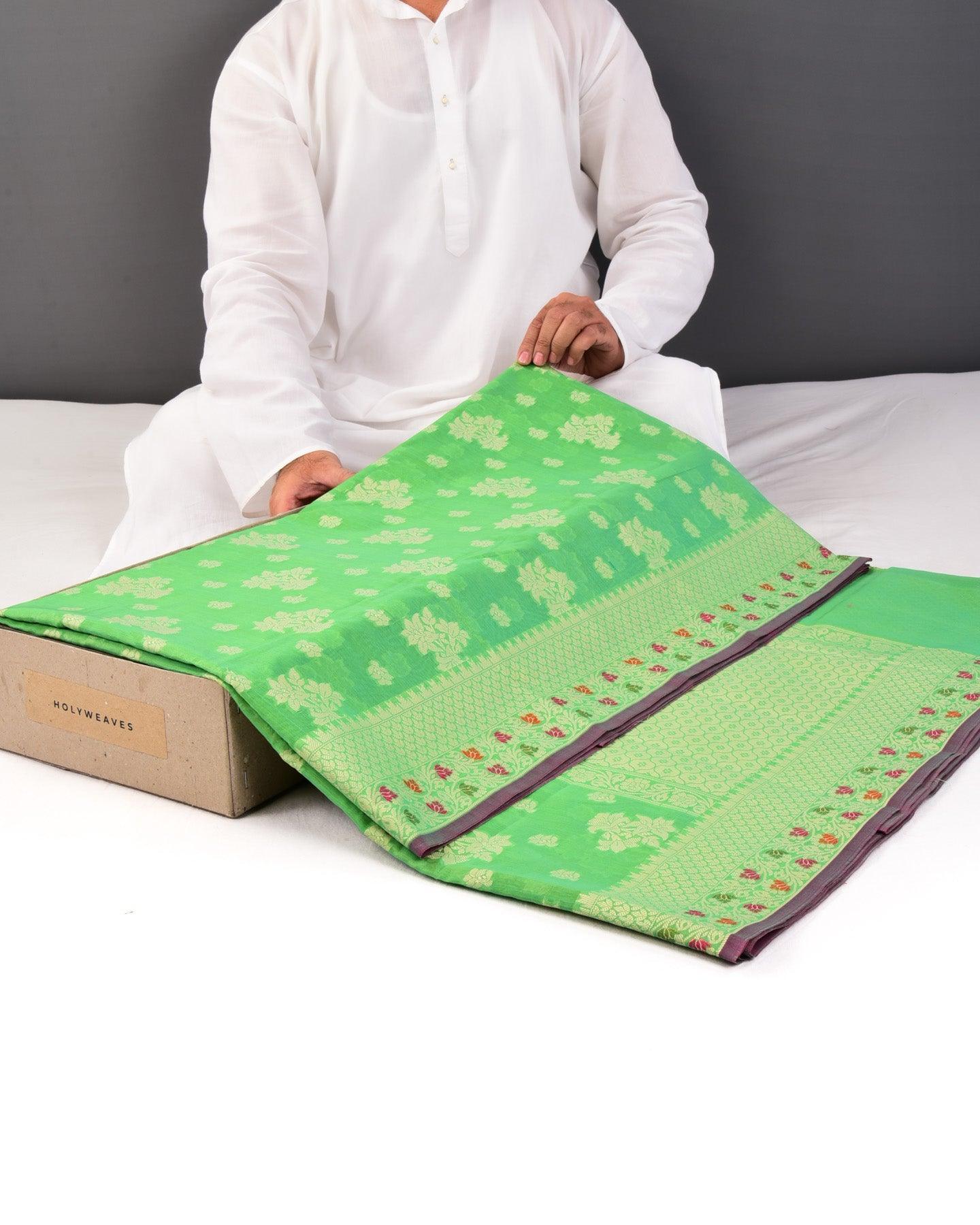 Sunny Green Banarasi Resham Buta Cutwork Brocade Woven Cotton Silk Saree - By HolyWeaves, Benares