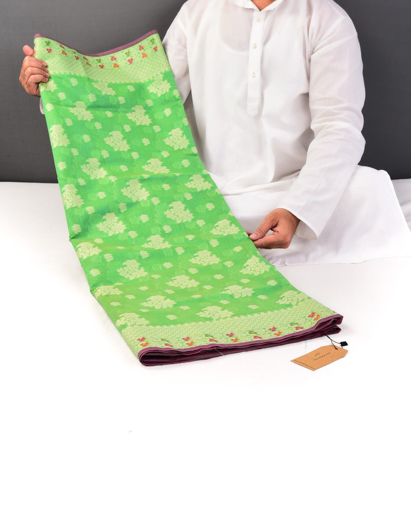 Sunny Green Banarasi Resham Buta Cutwork Brocade Woven Cotton Silk Saree - By HolyWeaves, Benares