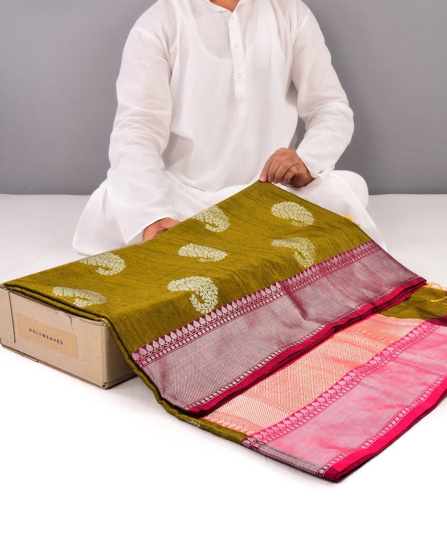 Sunny Green Banarasi Silver Paisley Buta Cutwork Brocade Woven Art Cotton Silk Saree - By HolyWeaves, Benares
