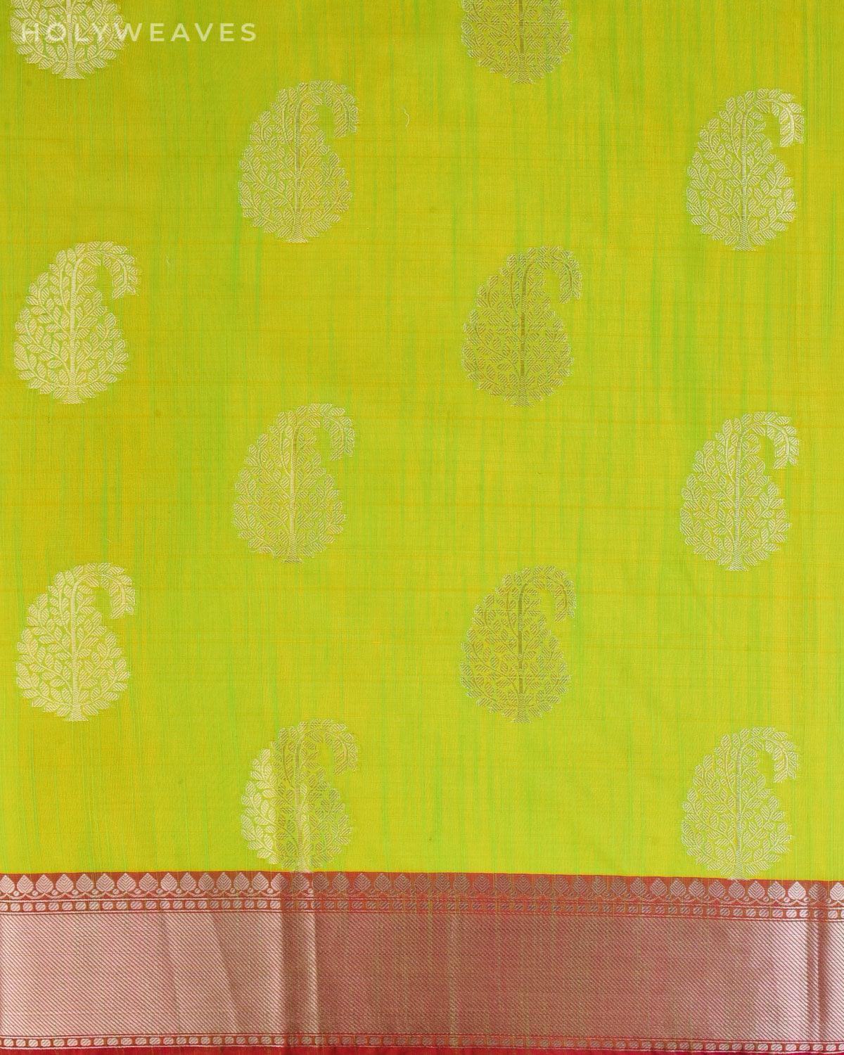 Sunny Green Banarasi Silver Paisley Buta Cutwork Brocade Woven Art Cotton Silk Saree - By HolyWeaves, Benares