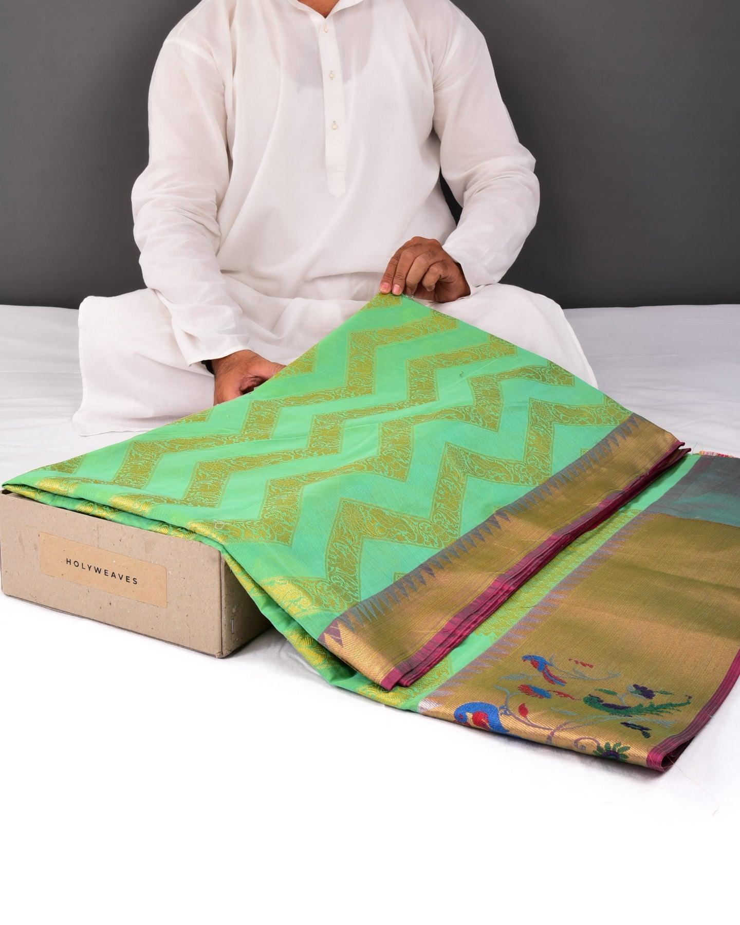 Sunny Green Banarasi Soft Gold Zari Chevron Cutwork Brocade Woven Cotton Silk Saree with Paithani Border - By HolyWeaves, Benares