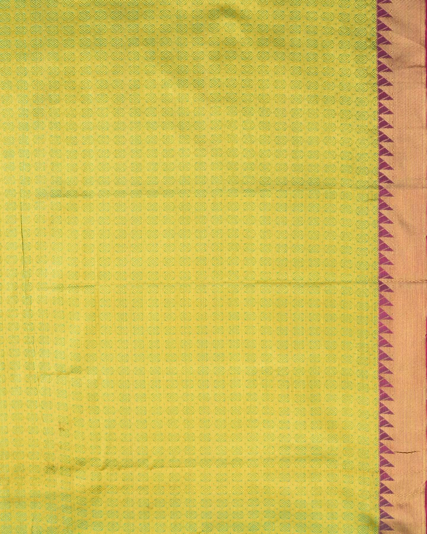 Sunny Green Banarasi Soft Gold Zari Chevron Cutwork Brocade Woven Cotton Silk Saree with Paithani Border - By HolyWeaves, Benares