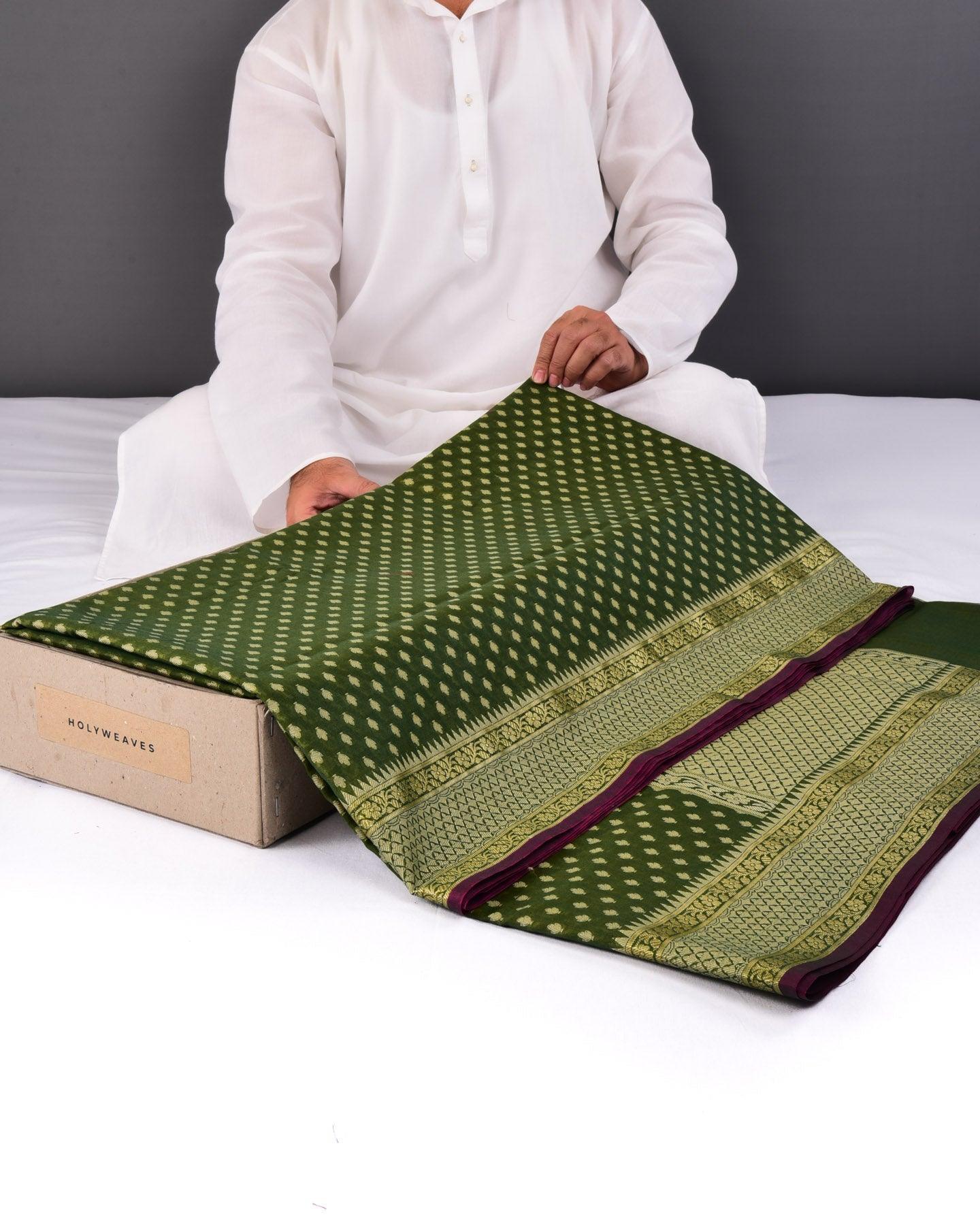 Sunny Olive Green Banarasi Resham Buti Cutwork Brocade Woven Cotton Silk Saree - By HolyWeaves, Benares