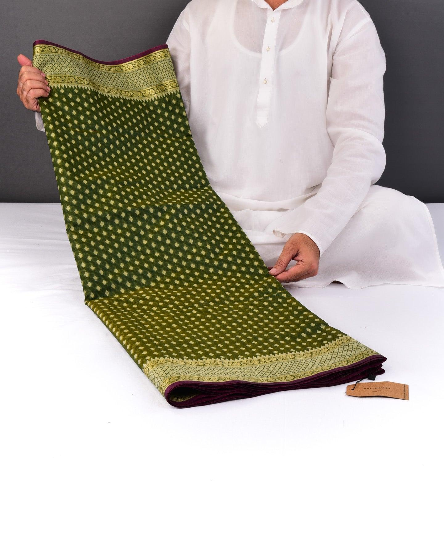 Sunny Olive Green Banarasi Resham Buti Cutwork Brocade Woven Cotton Silk Saree - By HolyWeaves, Benares