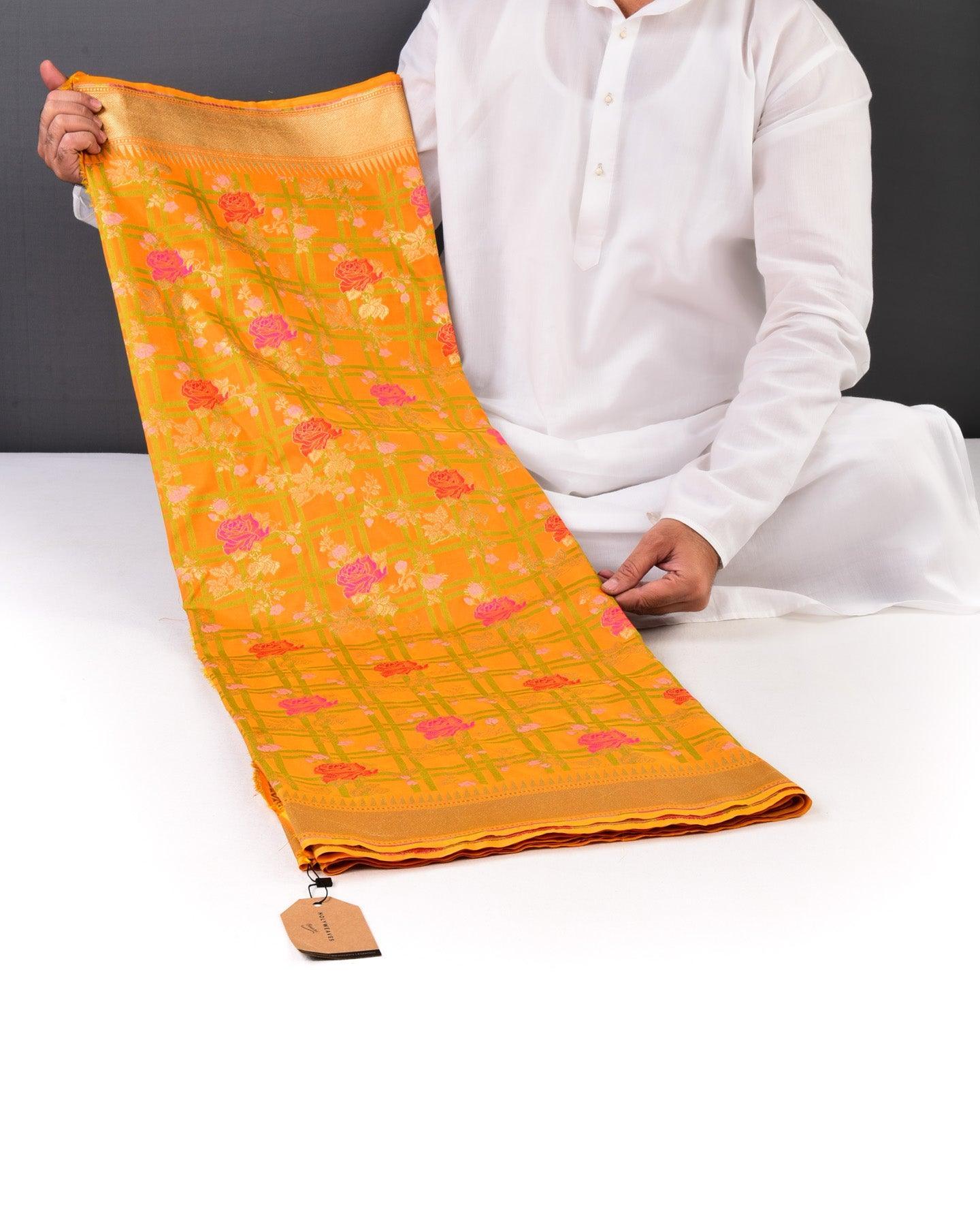 Sunny Orange Banarasi 4-color Gulab Jaal Cutwork Brocade Woven Art Silk Saree - By HolyWeaves, Benares